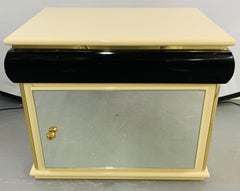 Art Deco Lacquered Off-White and Black Nightstand with Mirrored Door, a Pair