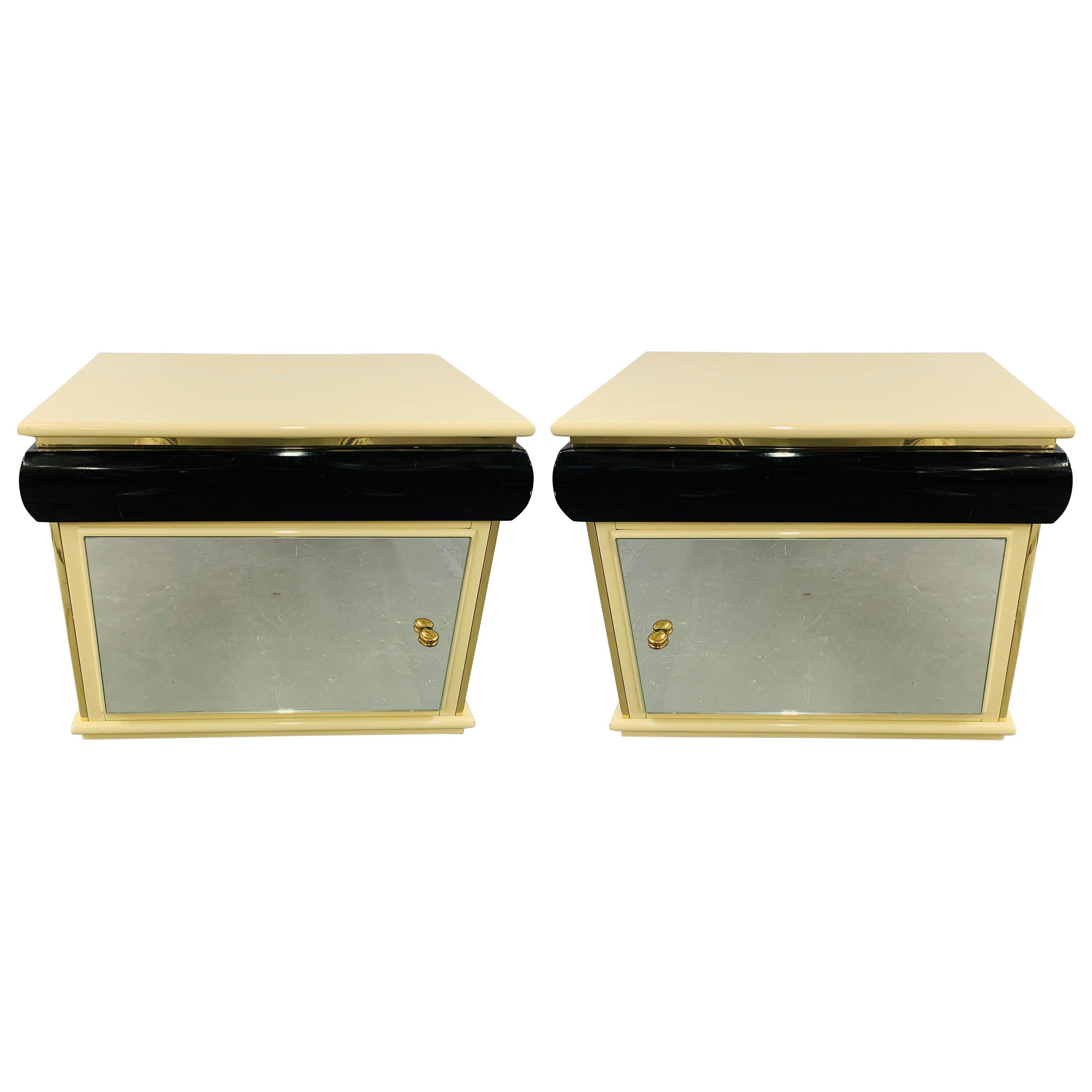 Art Deco Lacquered Off-White and Black Nightstand with Mirrored Door, a Pair