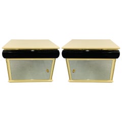 Art Deco Lacquered Off-White and Black Nightstand with Mirrored Door, a Pair