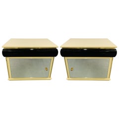 Vintage Art Deco Lacquered Off-White and Black Nightstand with Mirrored Door, a Pair