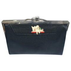 Vintage Art Deco Ladies Black Leather Clutch Bag