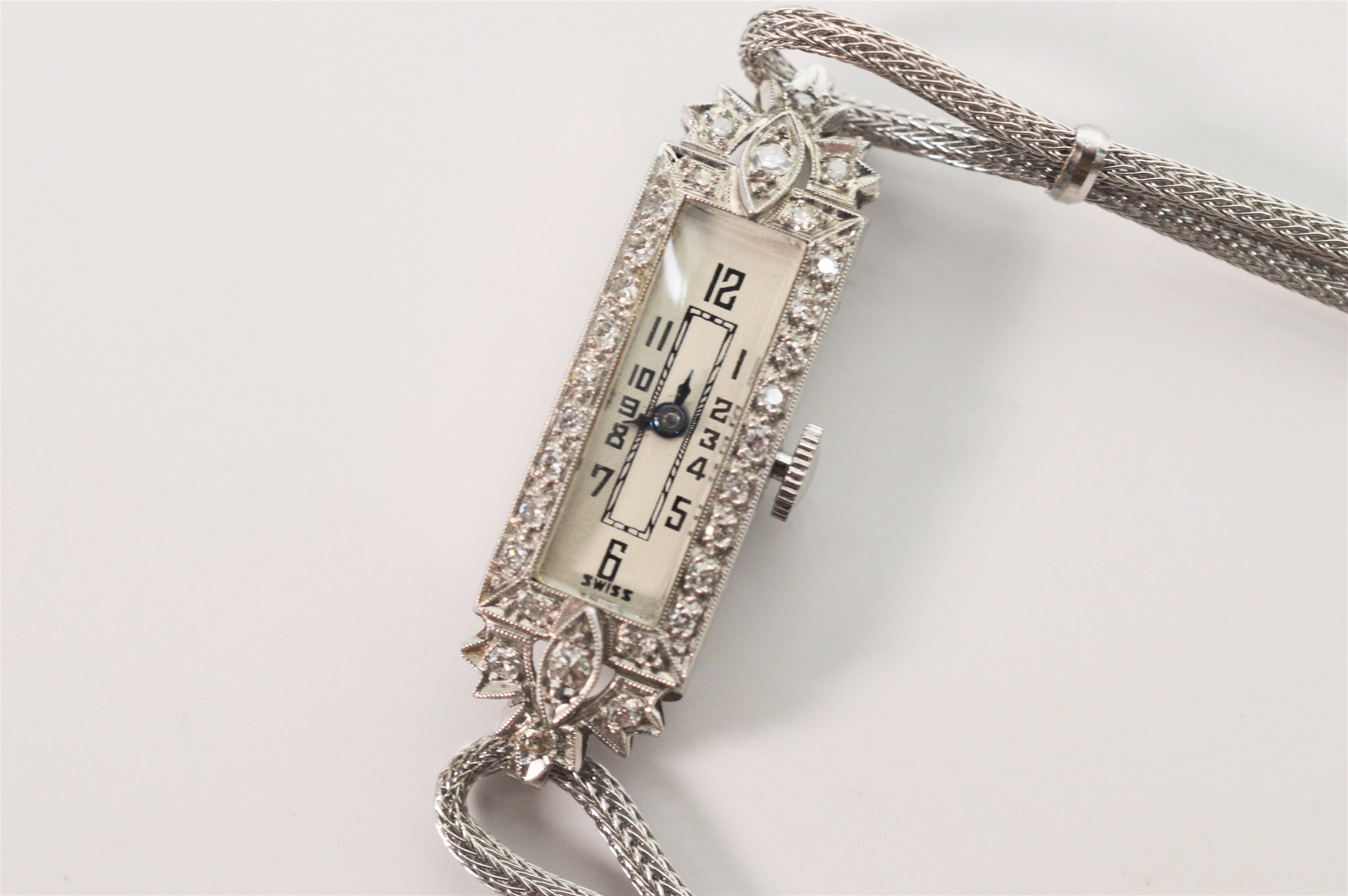 Art Deco Ladies Diamond Platinum Bracelet Watch In Good Condition In Mount Kisco, NY