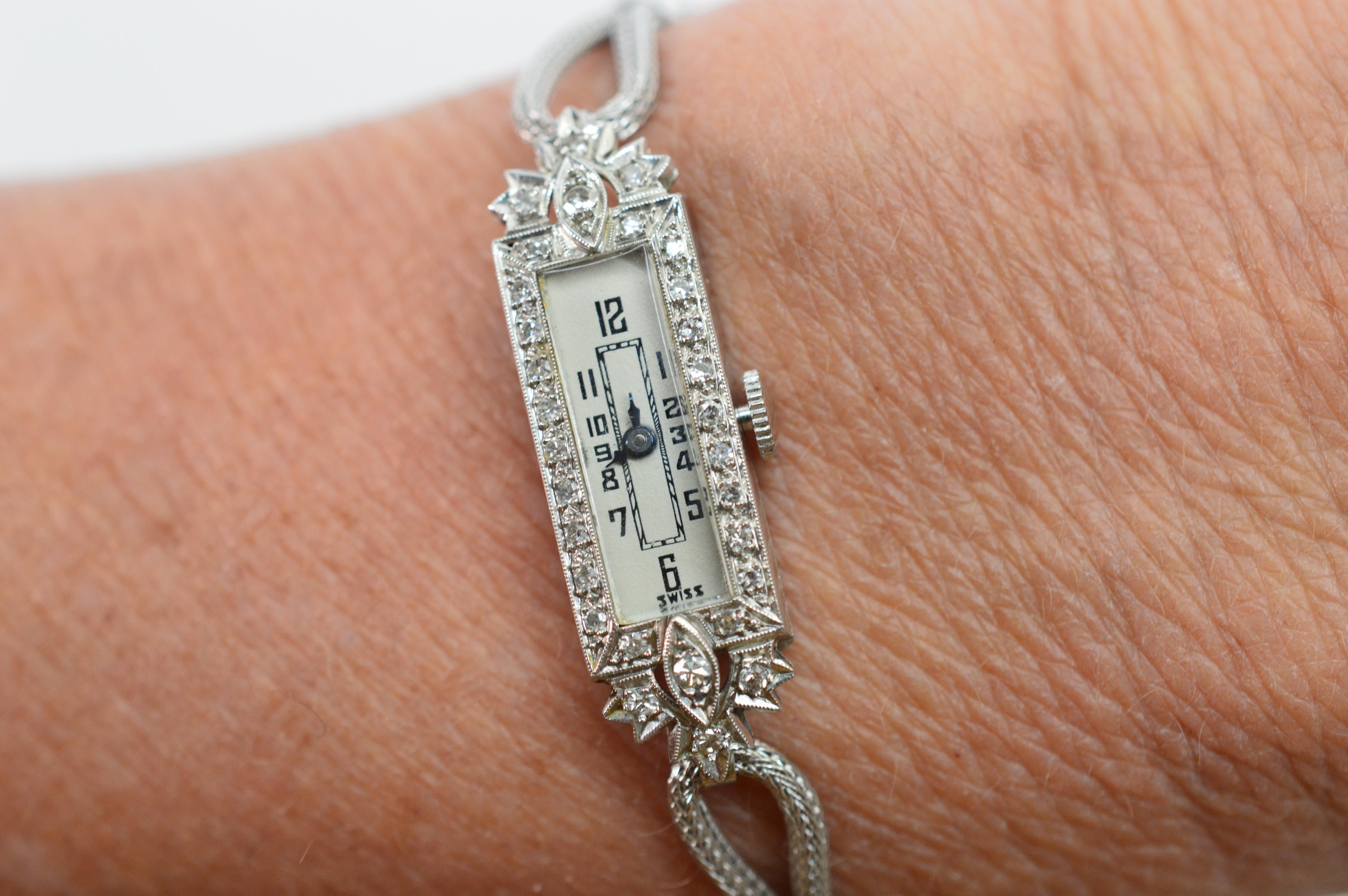 Women's Art Deco Ladies Diamond Platinum Bracelet Watch