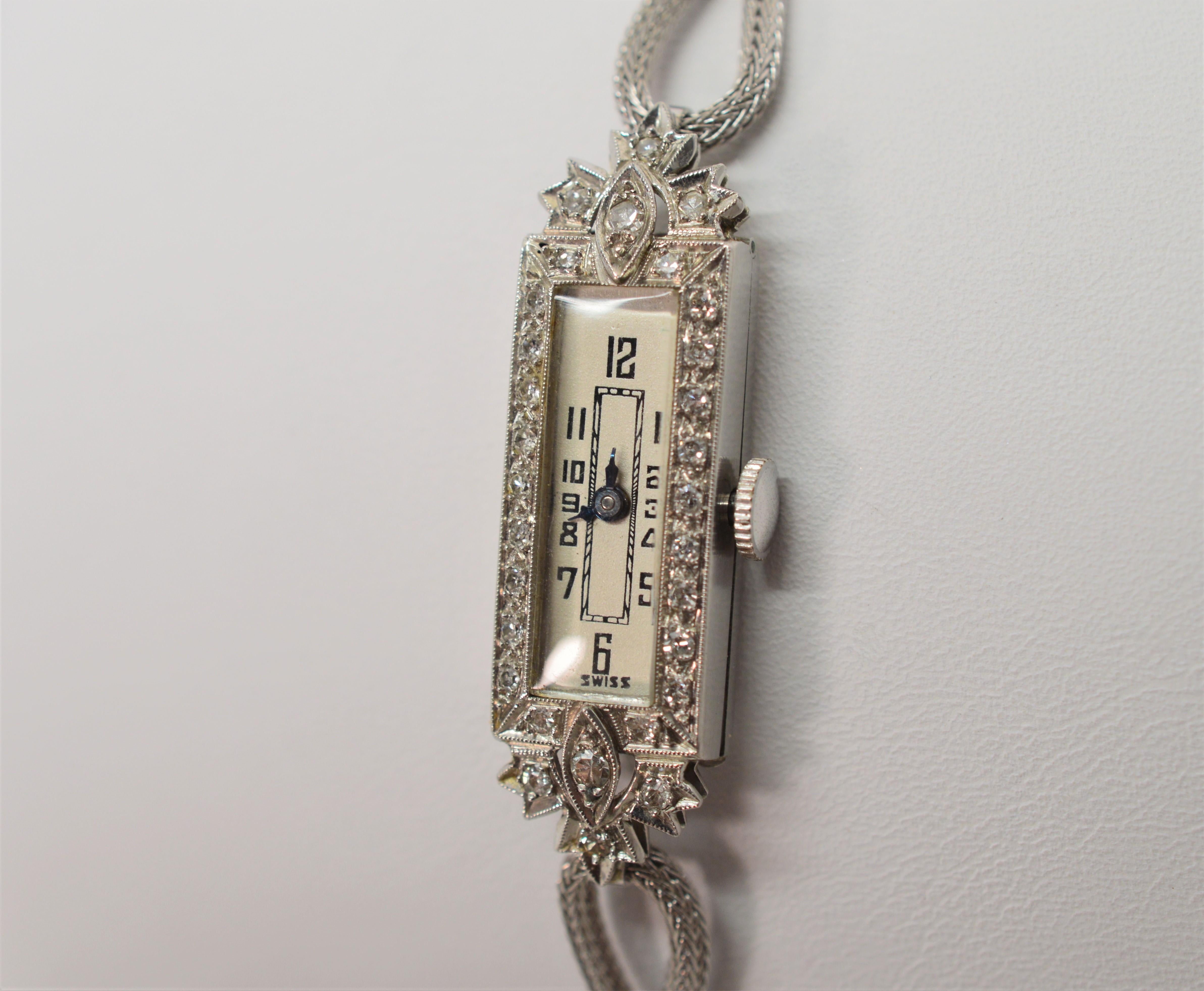 Art Deco Ladies Diamond Platinum Bracelet Watch 2