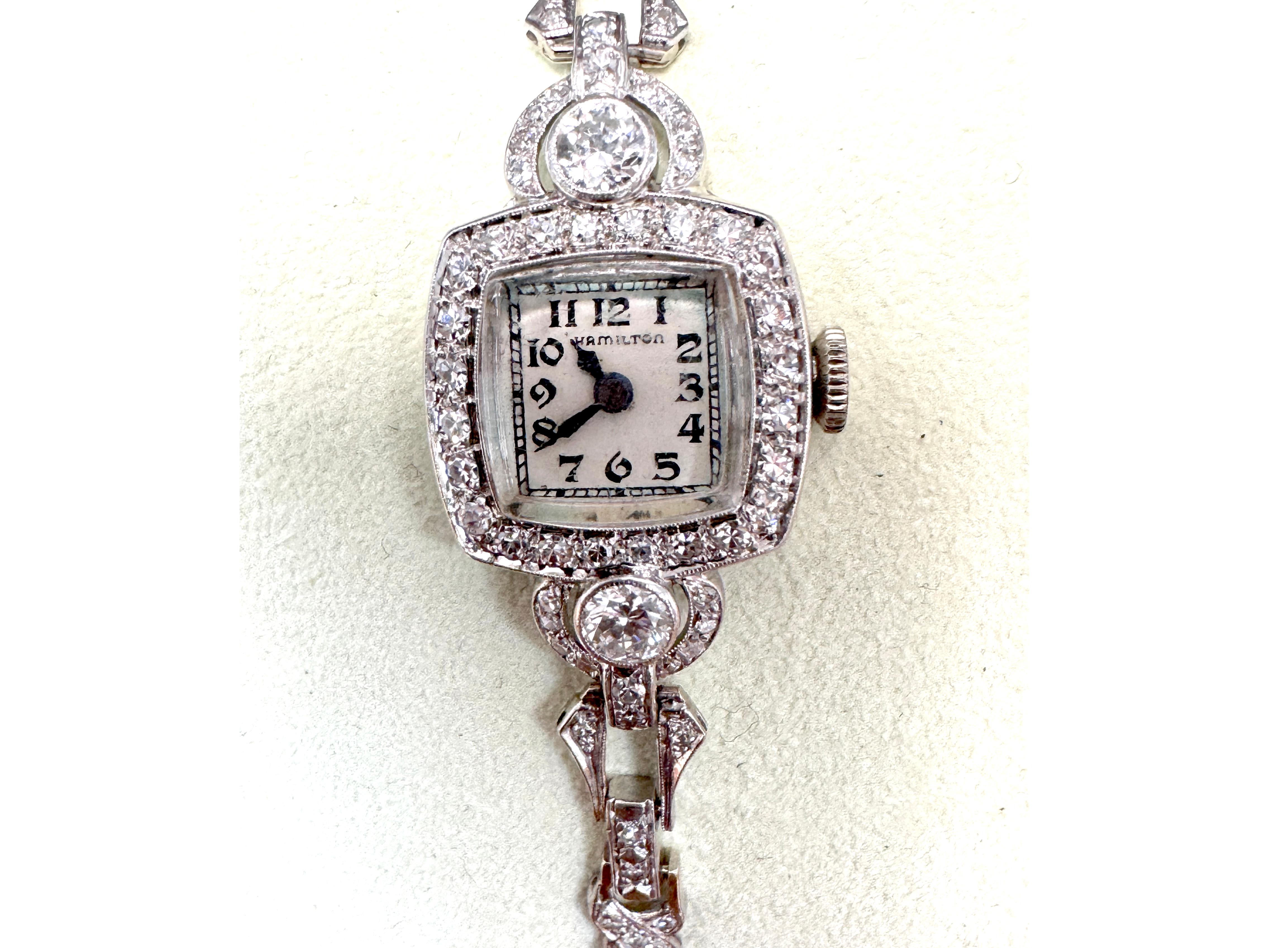 Art Deco Platin Hamilton Damen-Diamant-Uhr 2,60 Karat Mined Diamanten 1930er Jahre