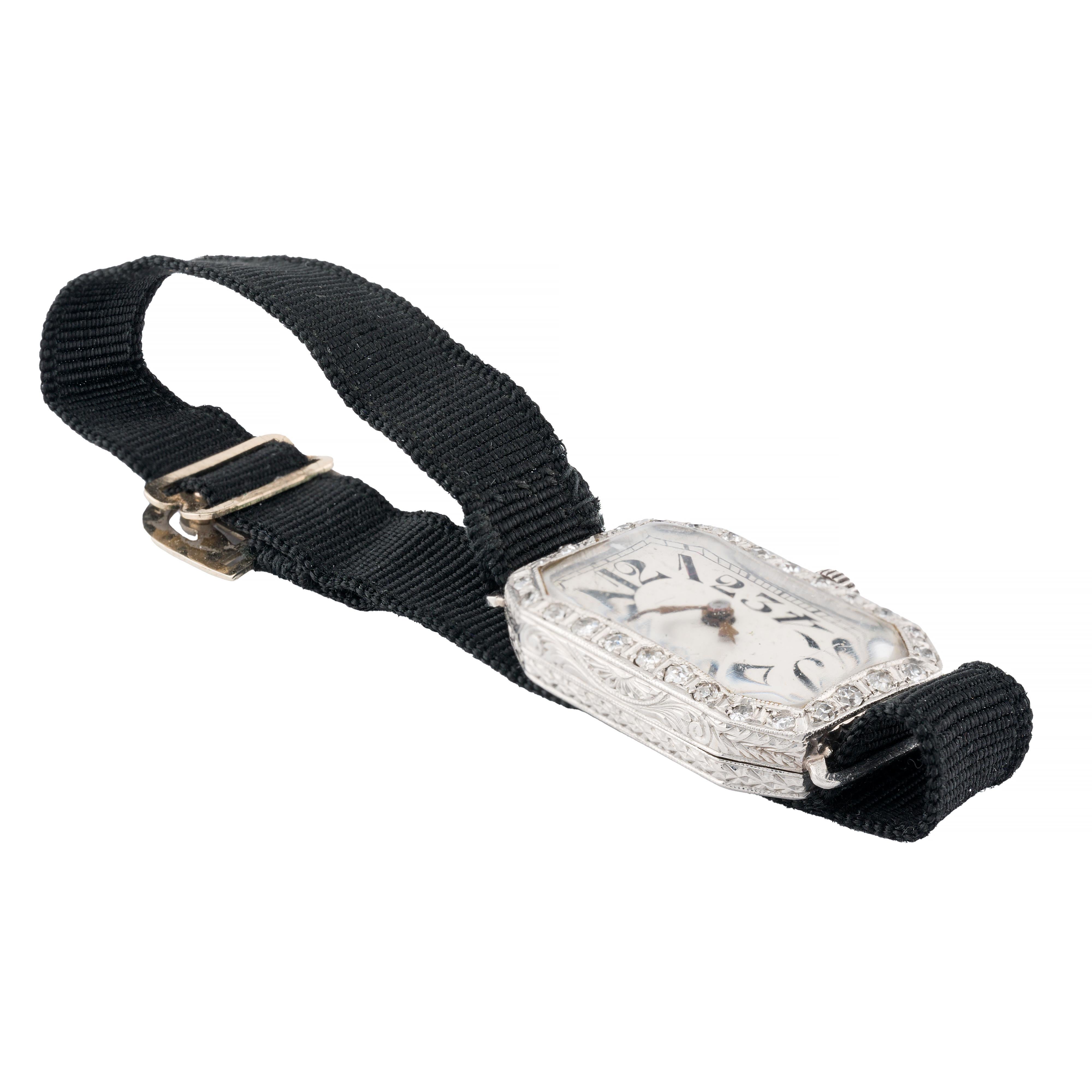 Round Cut Art Deco Ladies Exploding Number Platinum & Diamond Wrist Watch For Sale