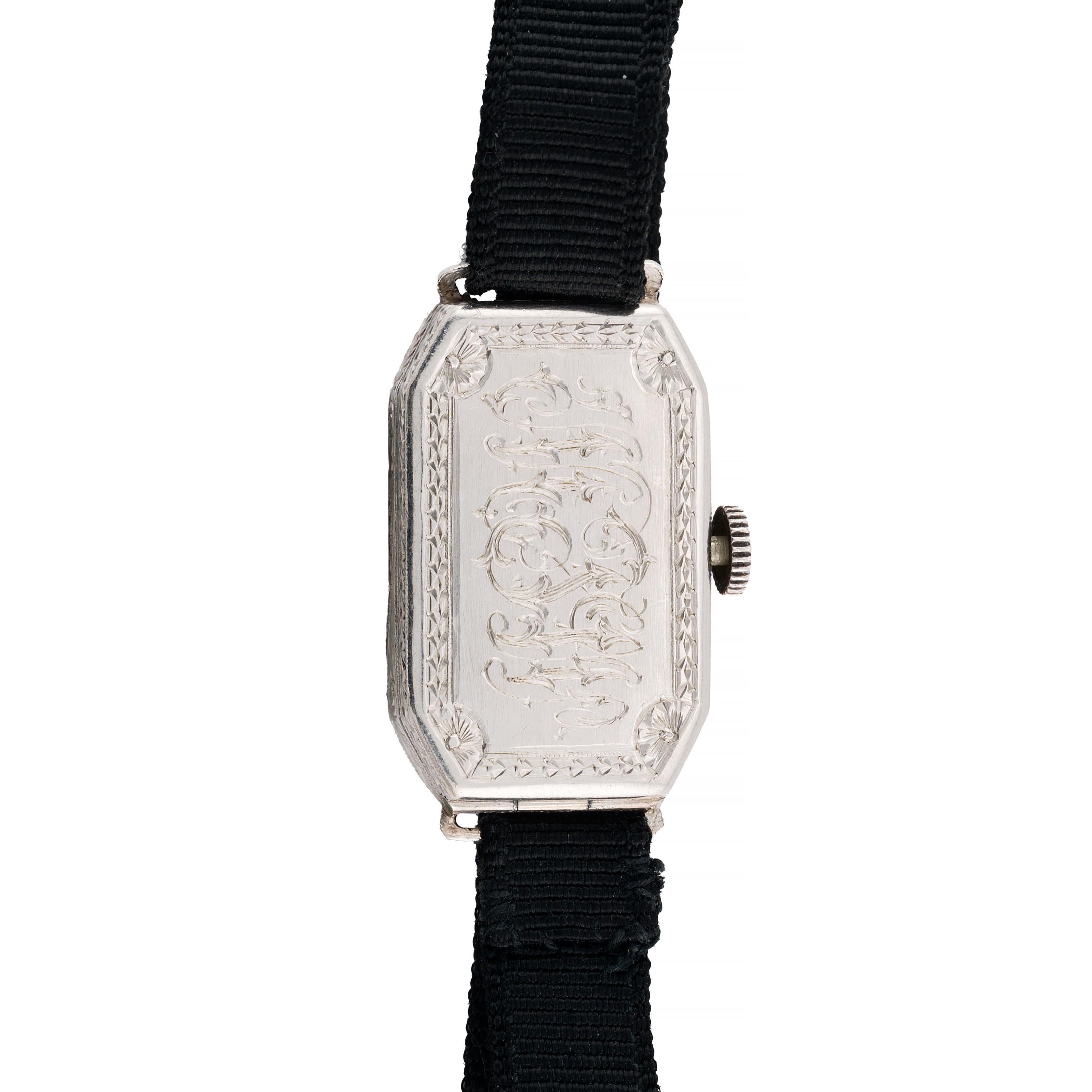 Art Deco Ladies Exploding Number Platinum & Diamond Wrist Watch For Sale 1