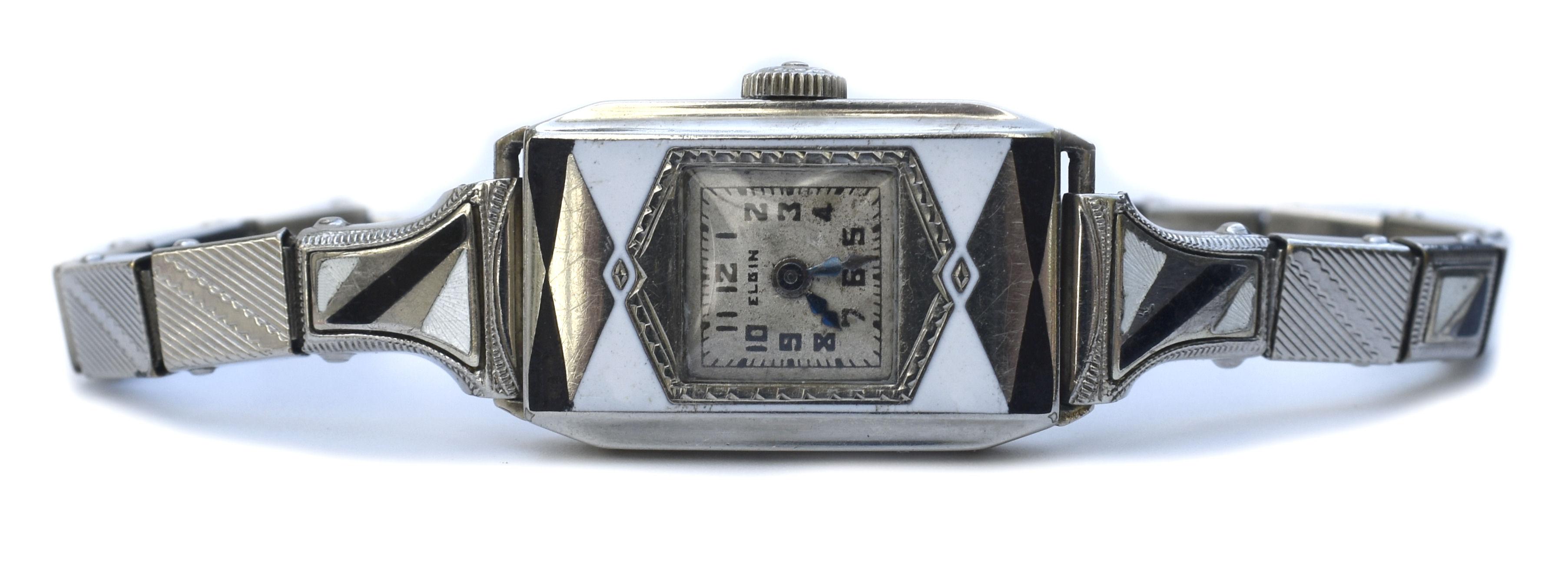 Art Deco Ladies Geometric Enamel Wrist Watch By Elgin, c1933, Newly Serviced. For Sale 3
