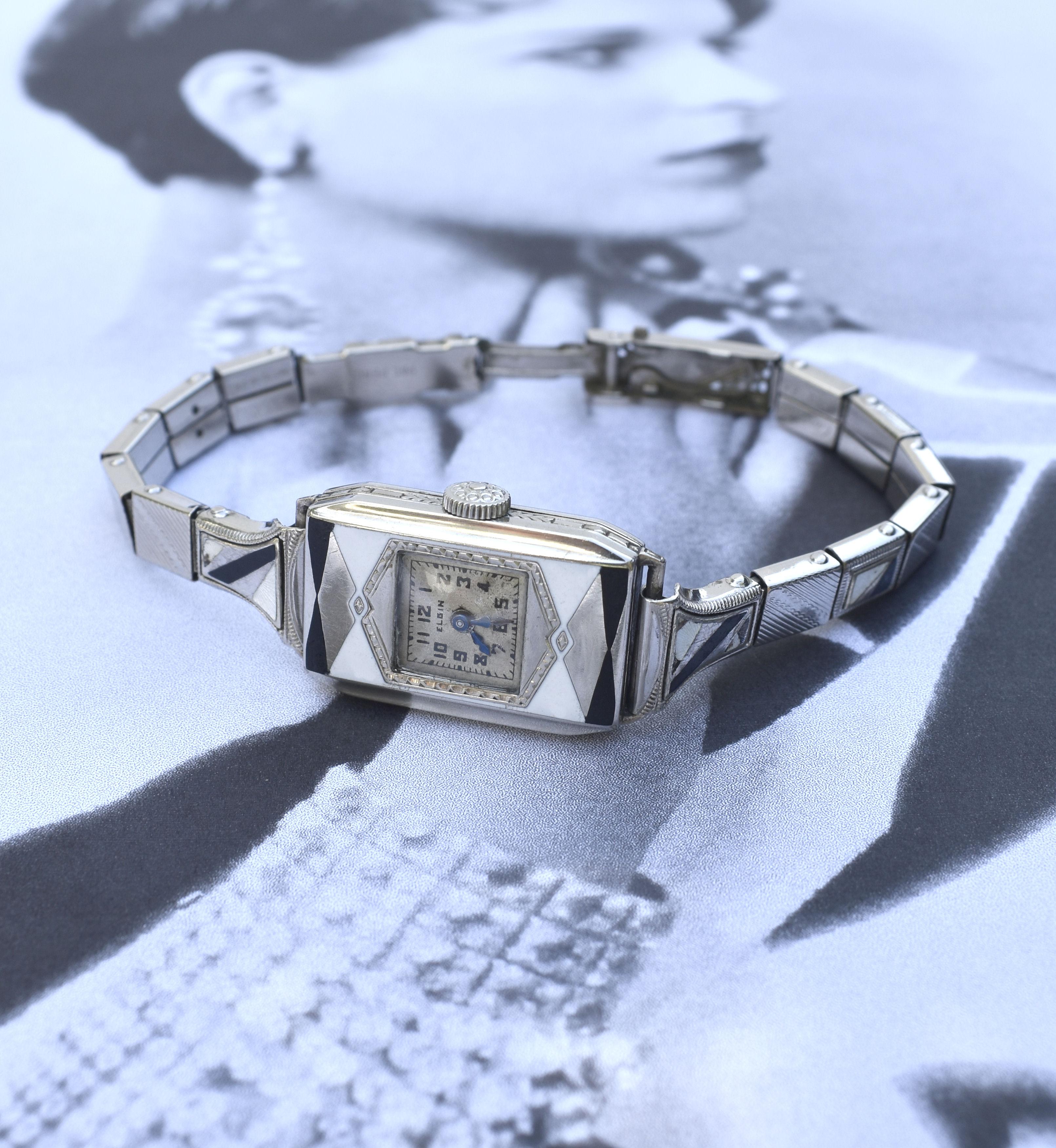 Art Deco Ladies Geometric Enamel Wrist Watch By Elgin, c1933, Newly Serviced. For Sale 4