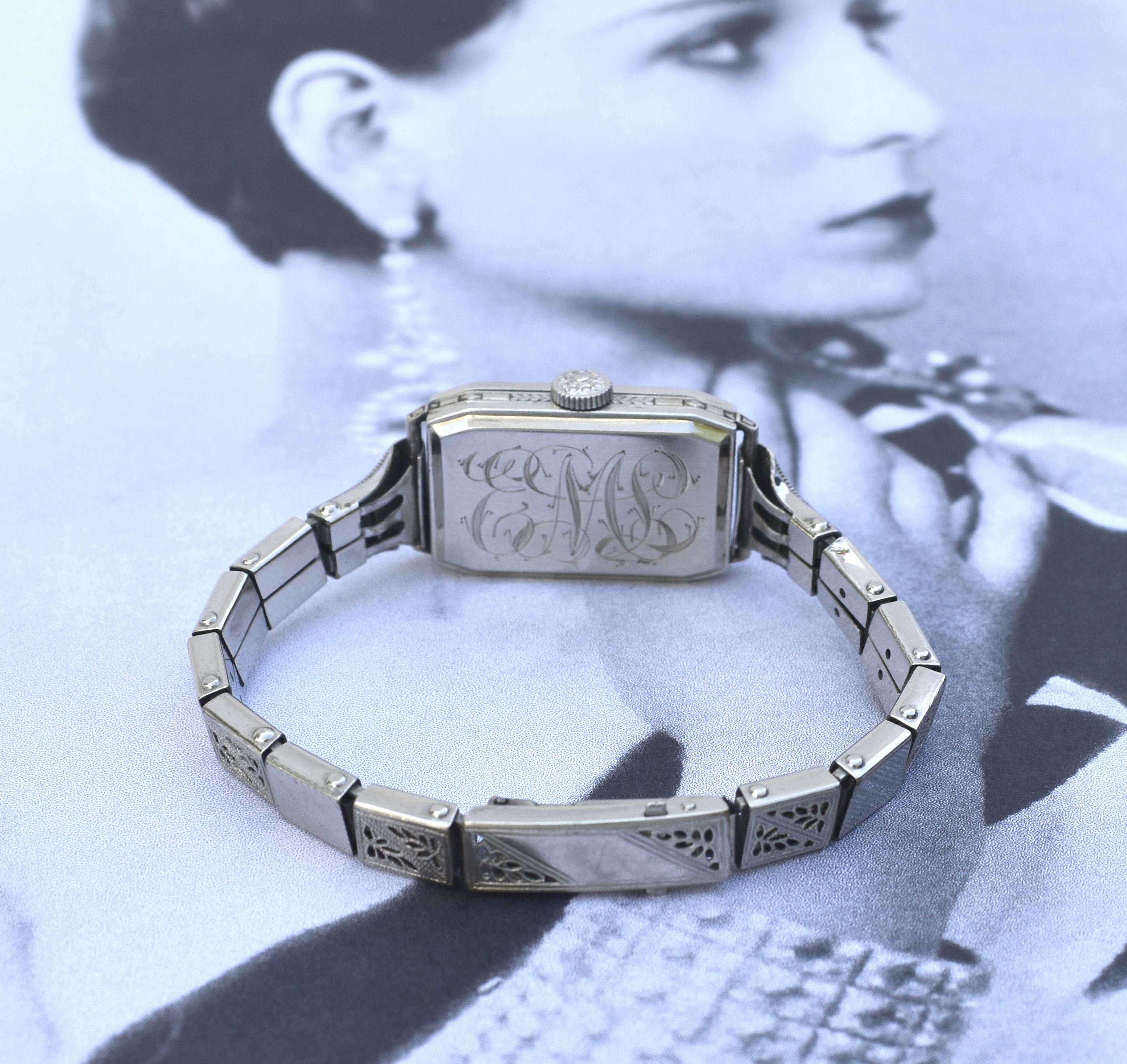 Art Deco Ladies Geometric Enamel Wrist Watch By Elgin, c1933, Newly Serviced. For Sale 5