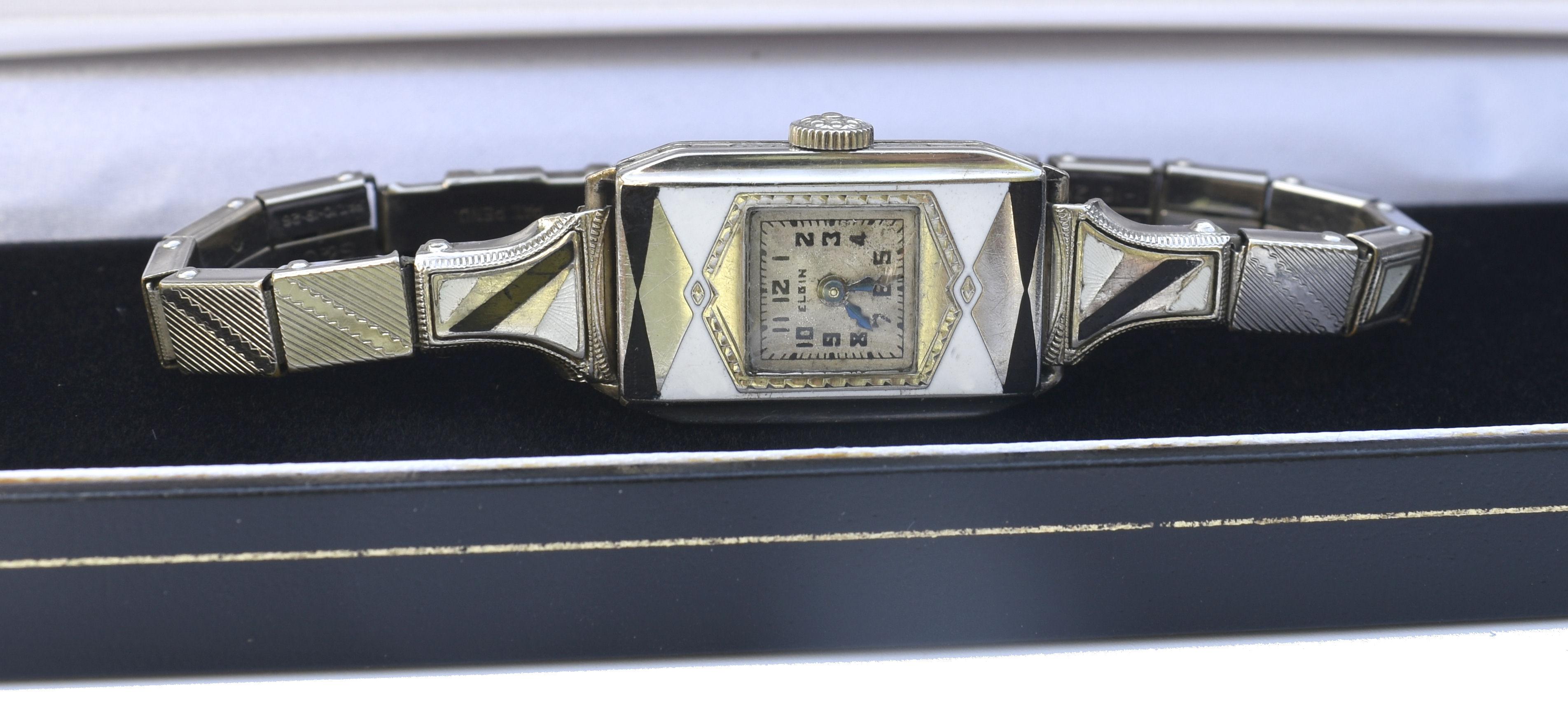 Art Deco Ladies Geometric Enamel Wrist Watch By Elgin, c1933, Newly Serviced. For Sale 6