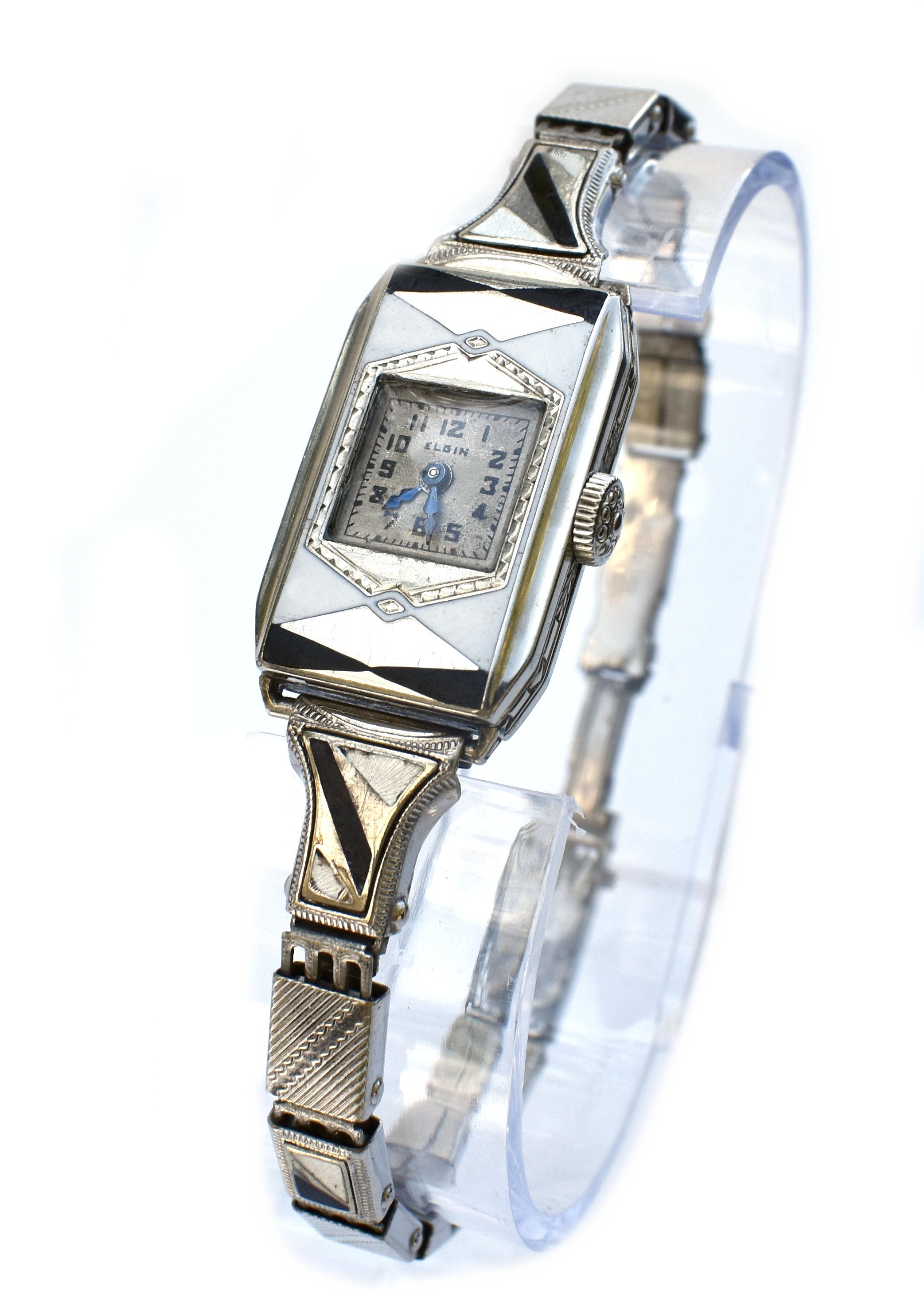Art Deco Ladies Geometric Enamel Wrist Watch By Elgin, c1933, Newly Serviced. For Sale 7