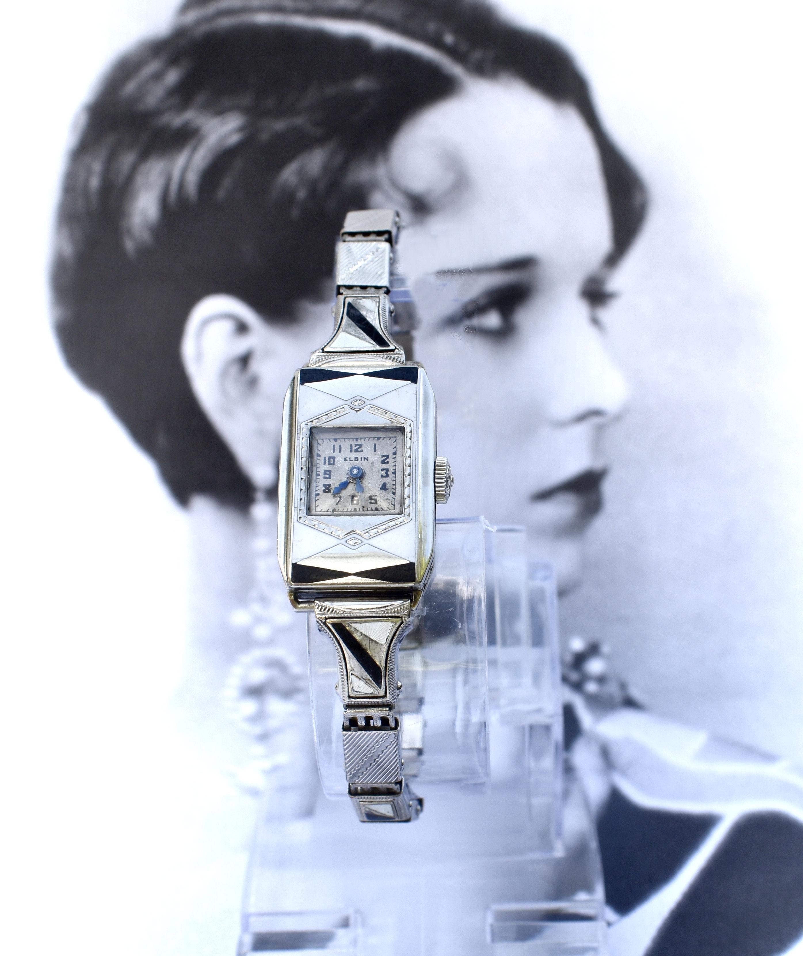 Art Deco Ladies Geometric Enamel Wrist Watch By Elgin, c1933, Newly Serviced. In Good Condition For Sale In Westward ho, GB