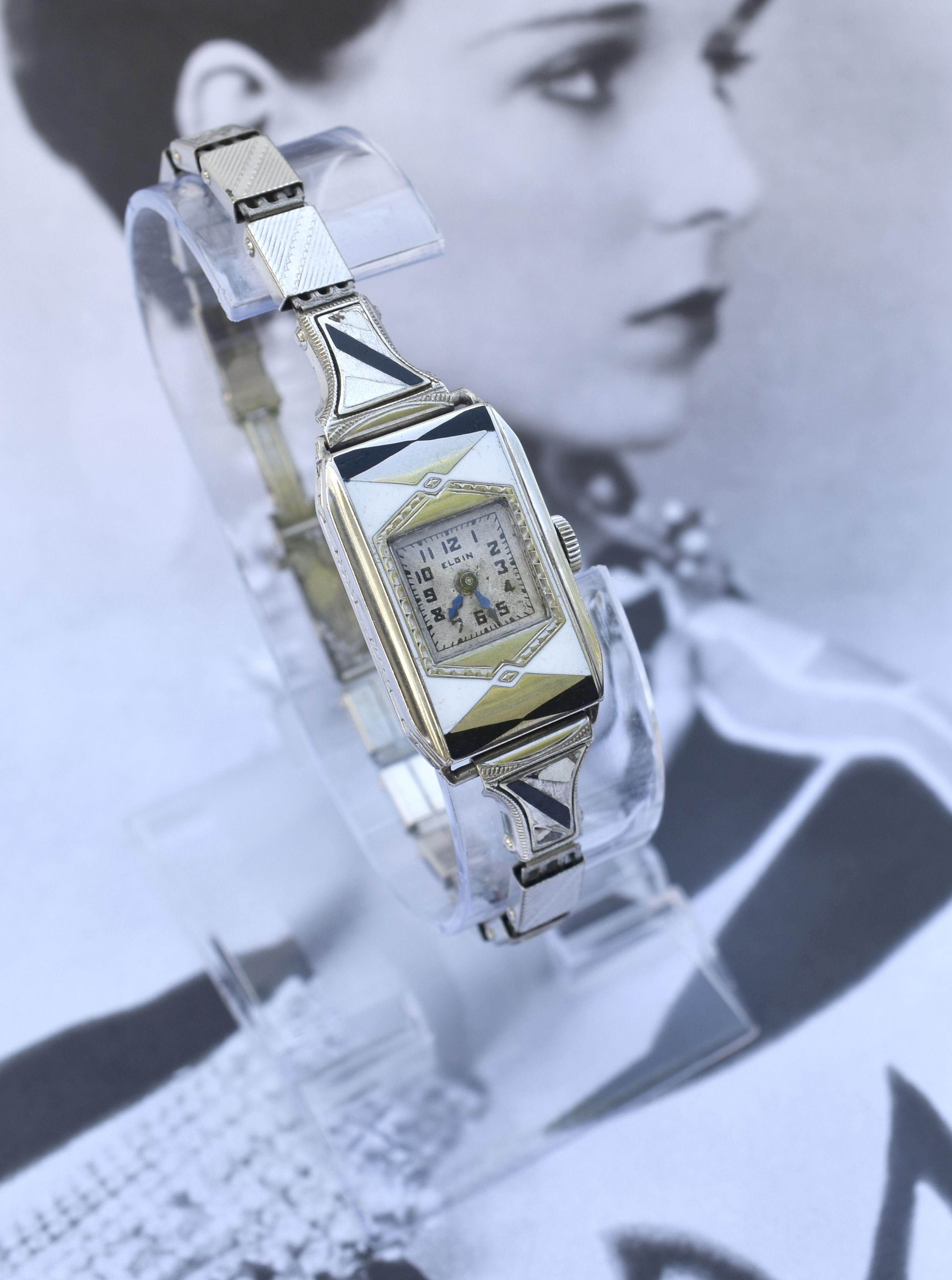 Women's Art Deco Ladies Geometric Enamel Wrist Watch By Elgin, c1933, Newly Serviced. For Sale