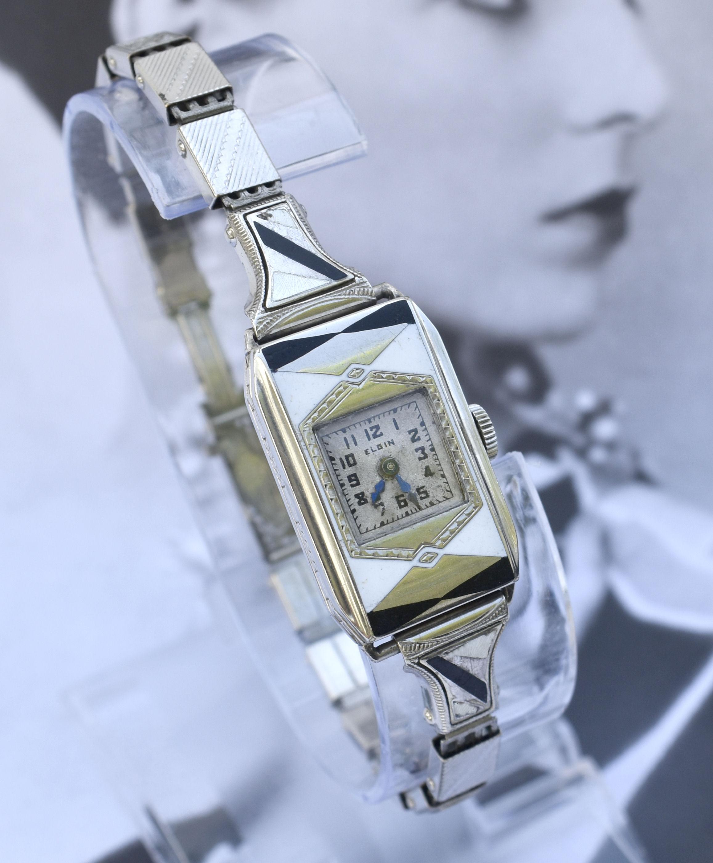 Art Deco Ladies Geometric Enamel Wrist Watch By Elgin, c1933, Newly Serviced. For Sale 1