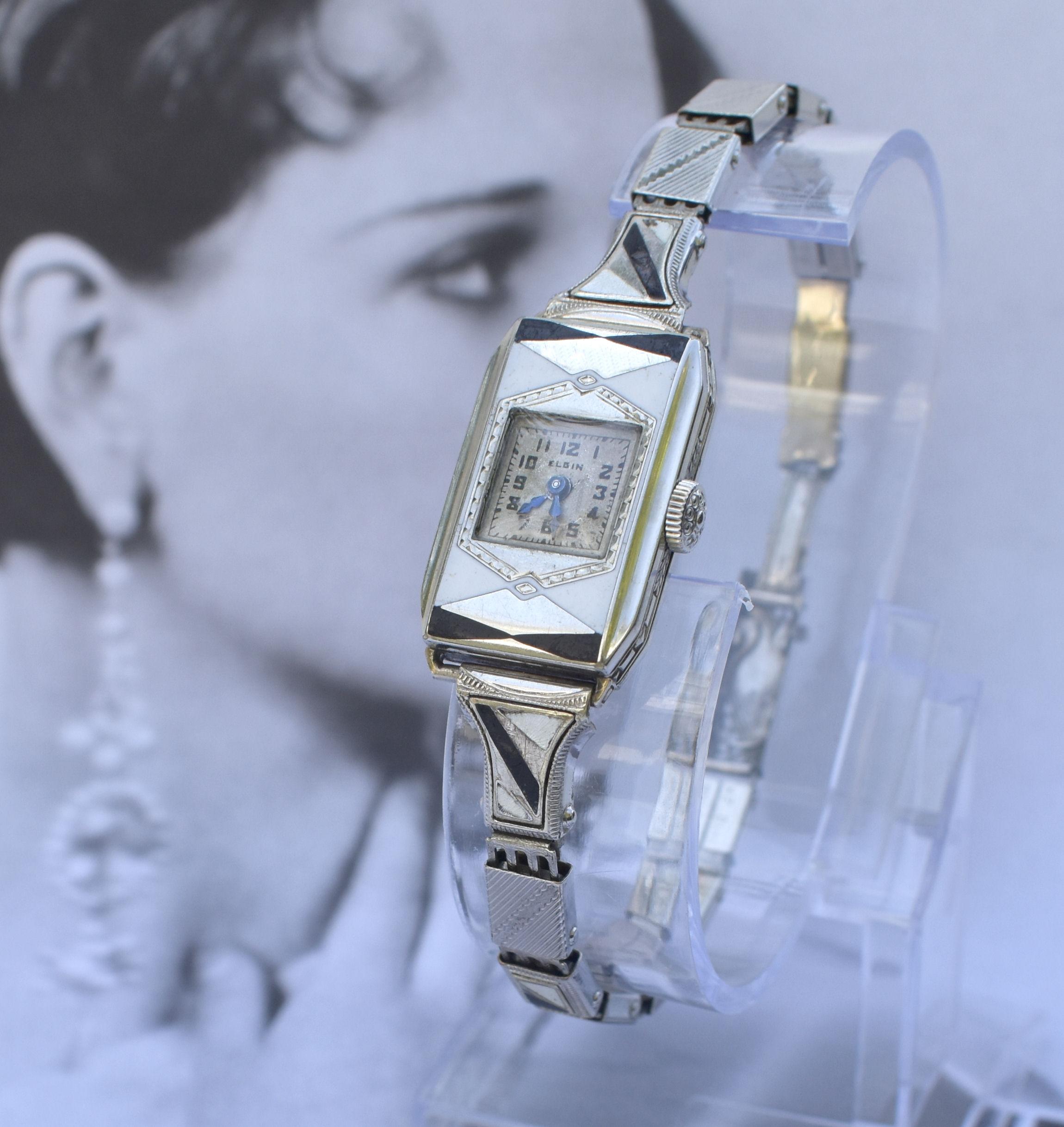 Art Deco Ladies Geometric Enamel Wrist Watch By Elgin, c1933, Newly Serviced. For Sale 2