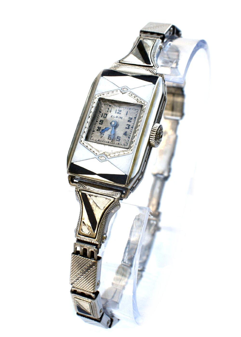 Americano Orologio da polso Geometrico smaltato da donna Art Services di Elgin, completamente revisionato, 1933 ca. in vendita