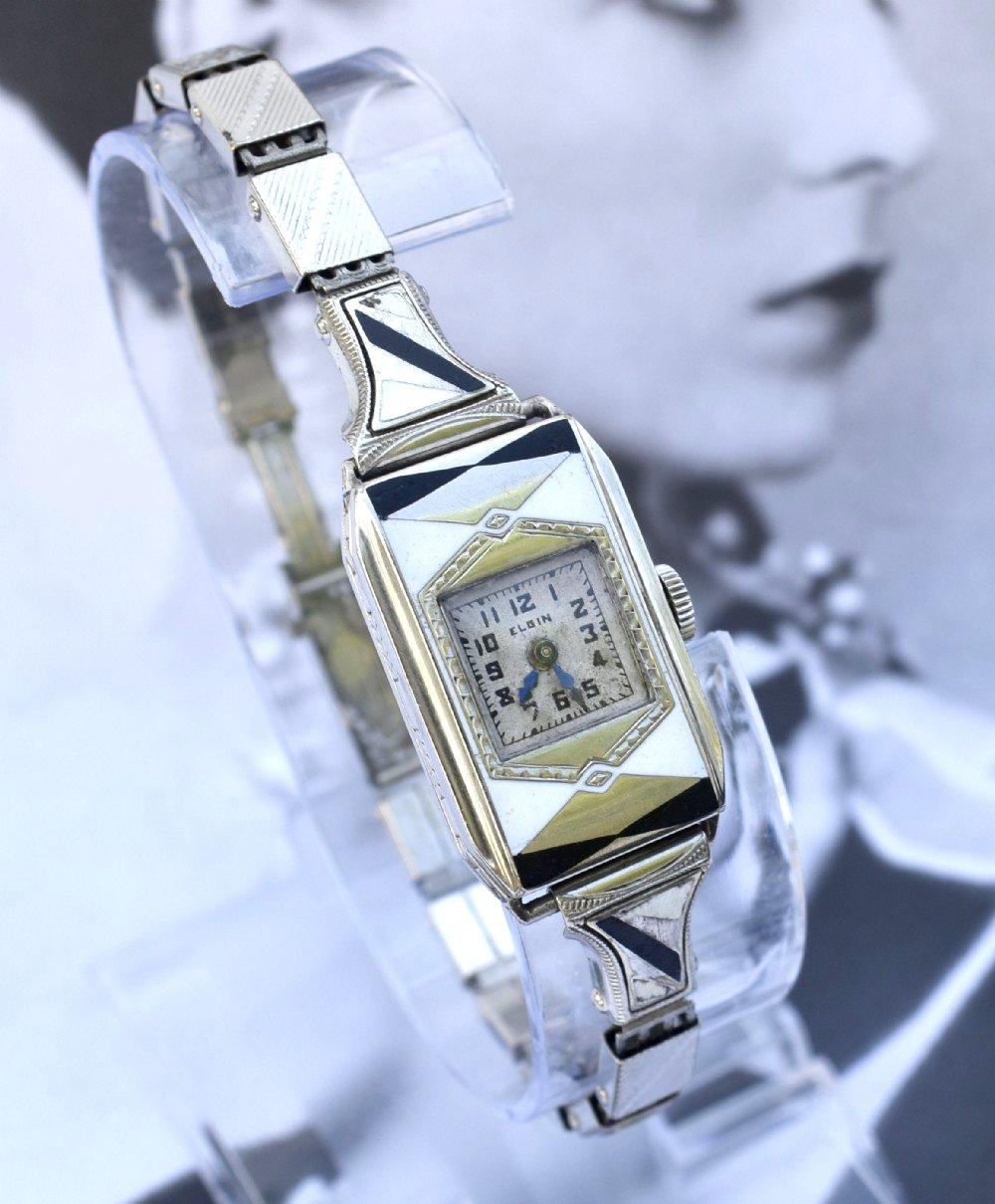 Orologio da polso Geometrico smaltato da donna Art Services di Elgin, completamente revisionato, 1933 ca. in vendita 1