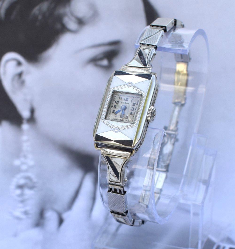 Orologio da polso Geometrico smaltato da donna Art Services di Elgin, completamente revisionato, 1933 ca. in vendita 2