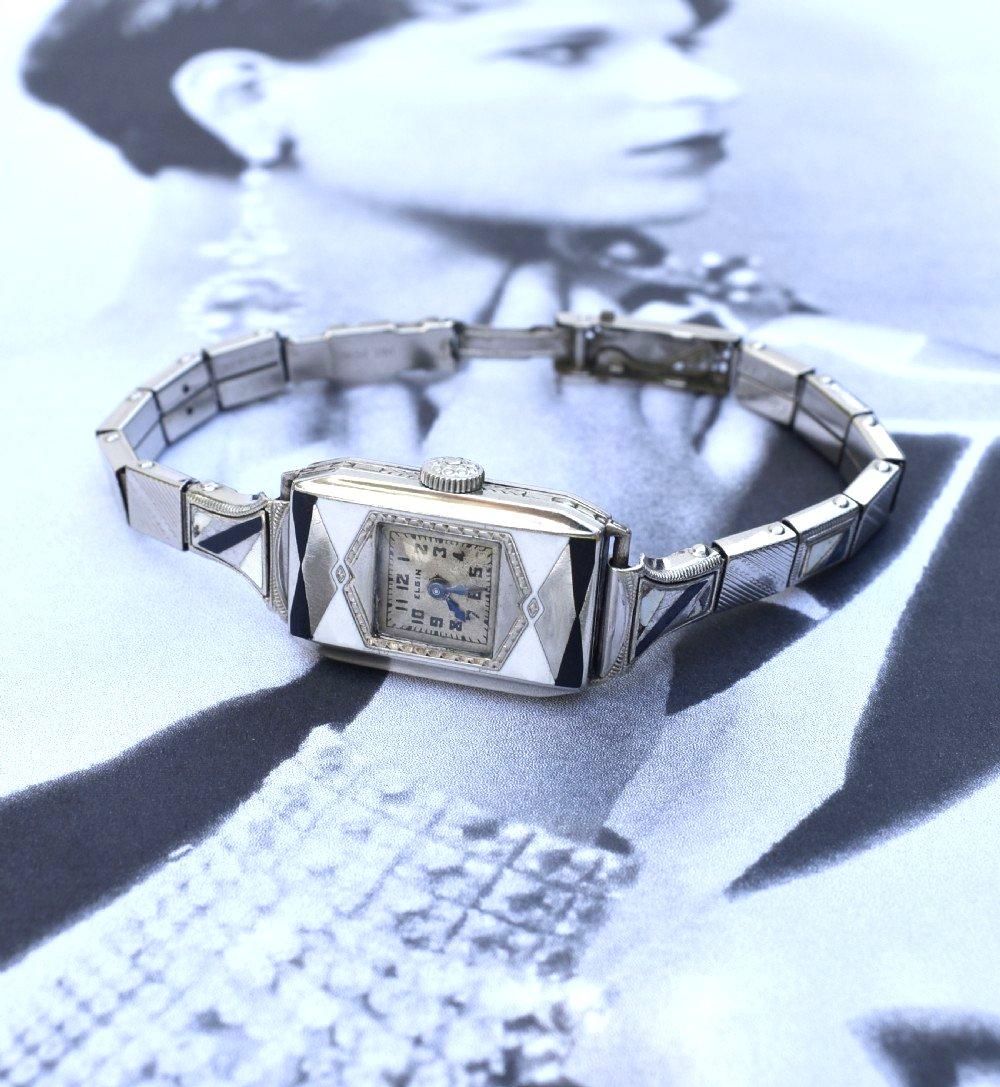 Orologio da polso Geometrico smaltato da donna Art Services di Elgin, completamente revisionato, 1933 ca. in vendita 3
