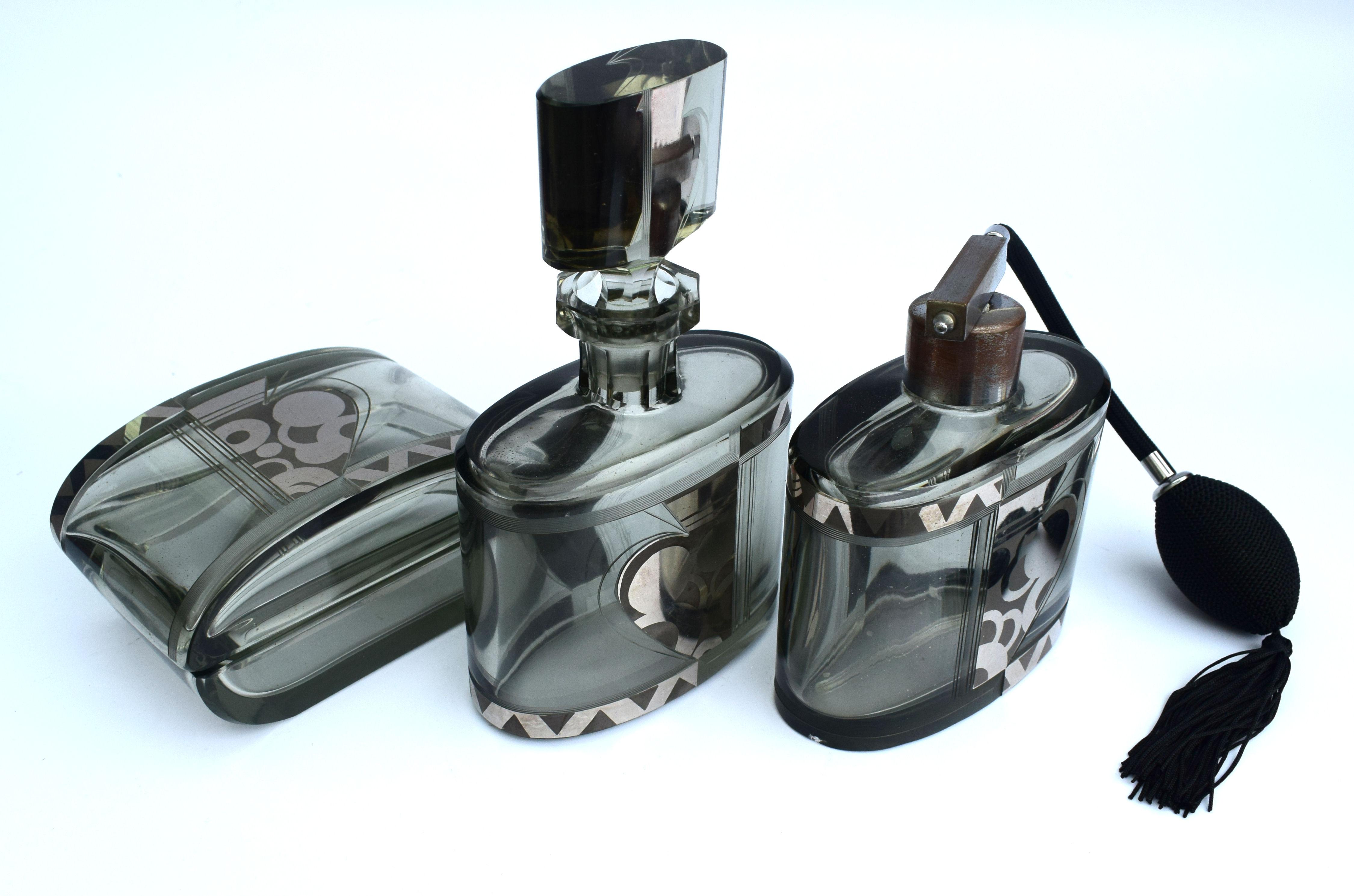 Art Deco Ladies Glass Perfumery Set, Czech, c1930 3
