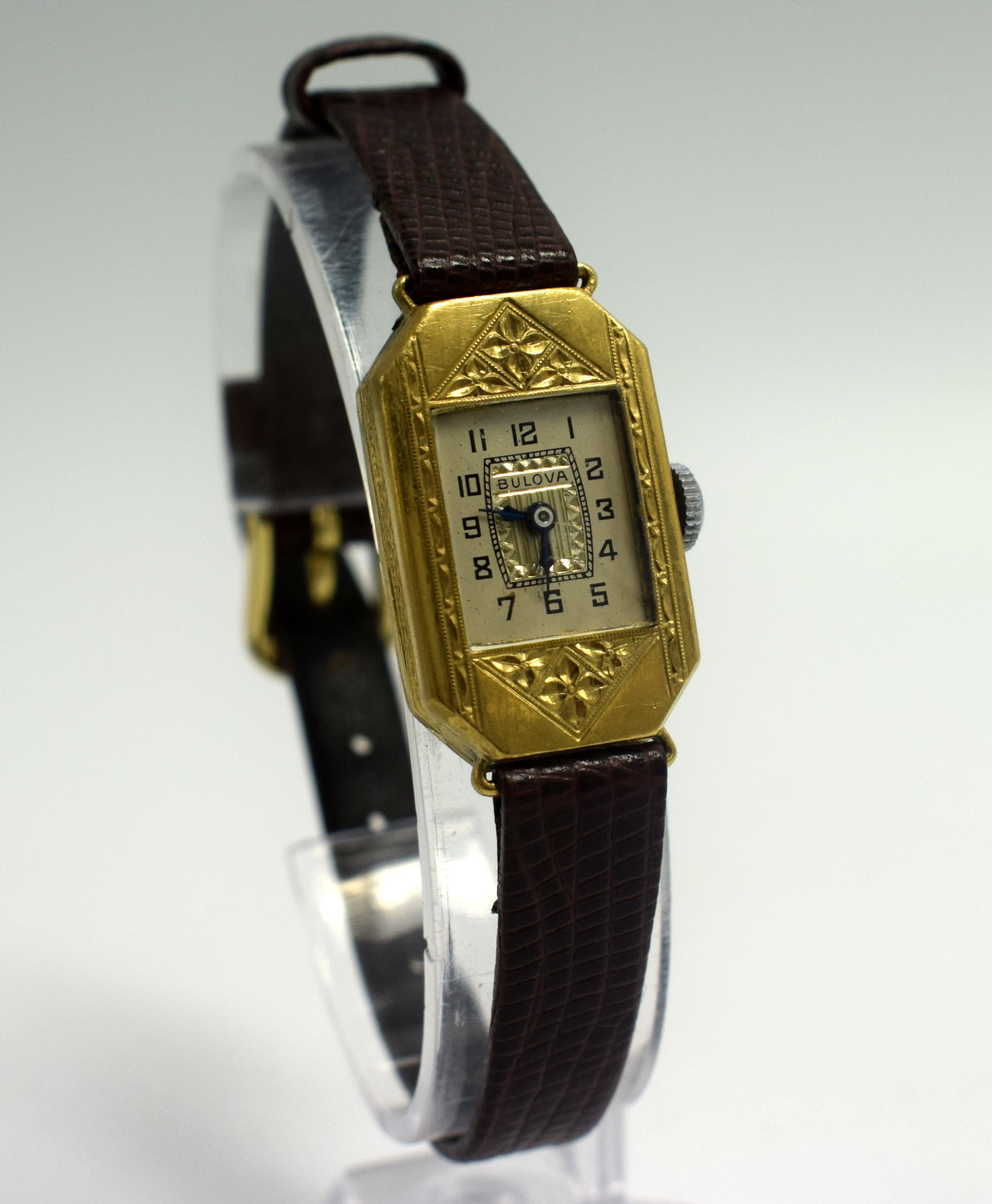 Art Deco Ladies Gold Plated Wrist Watch by Bulova 3