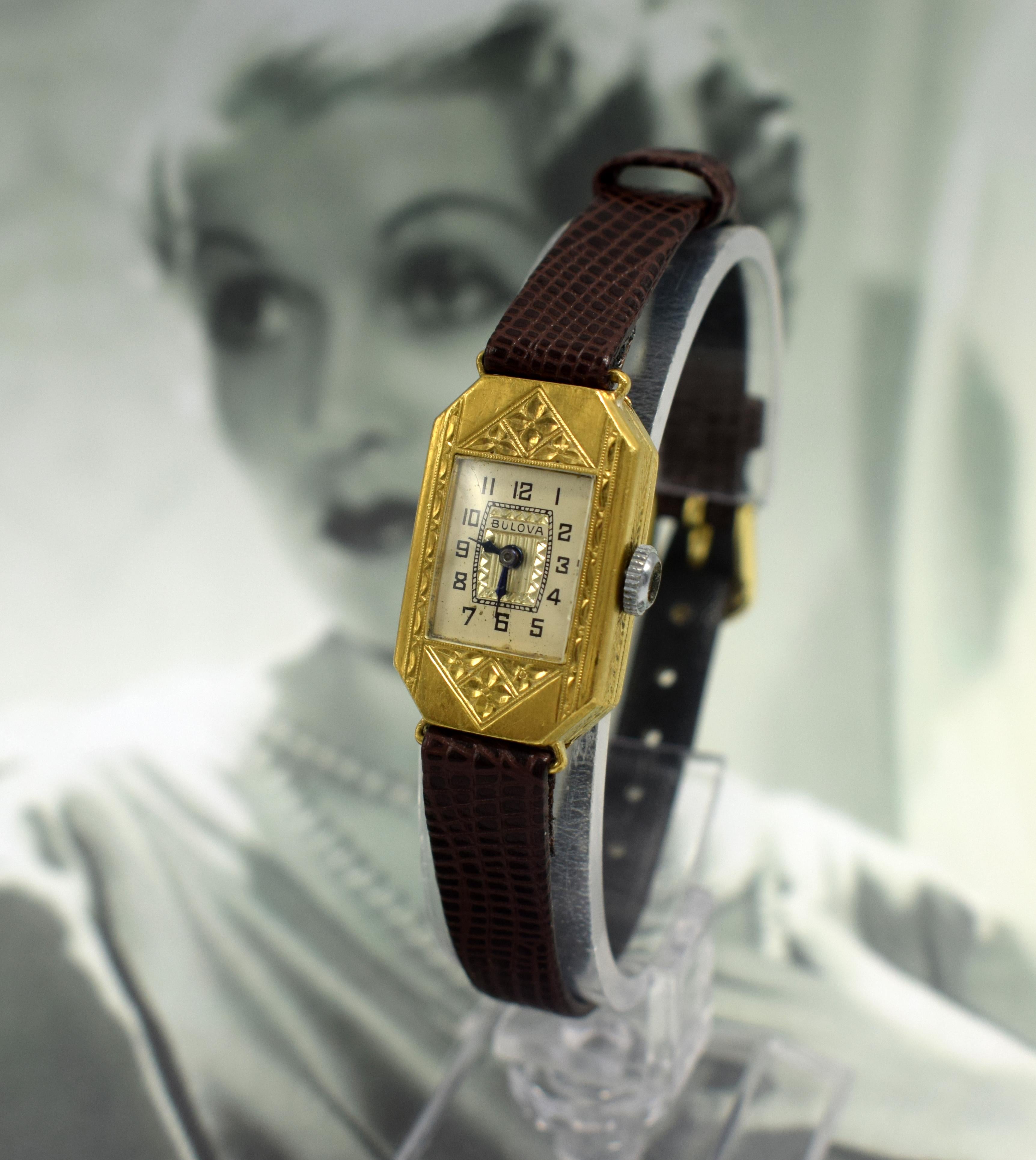 Very attractive and totally authentic 1929 Bulova Art Deco ladies watch that has a 15 jewel movement that is in excellent clean working condition. Dated to 1929 this is one of the best examples we have come across that is all original. The case is
