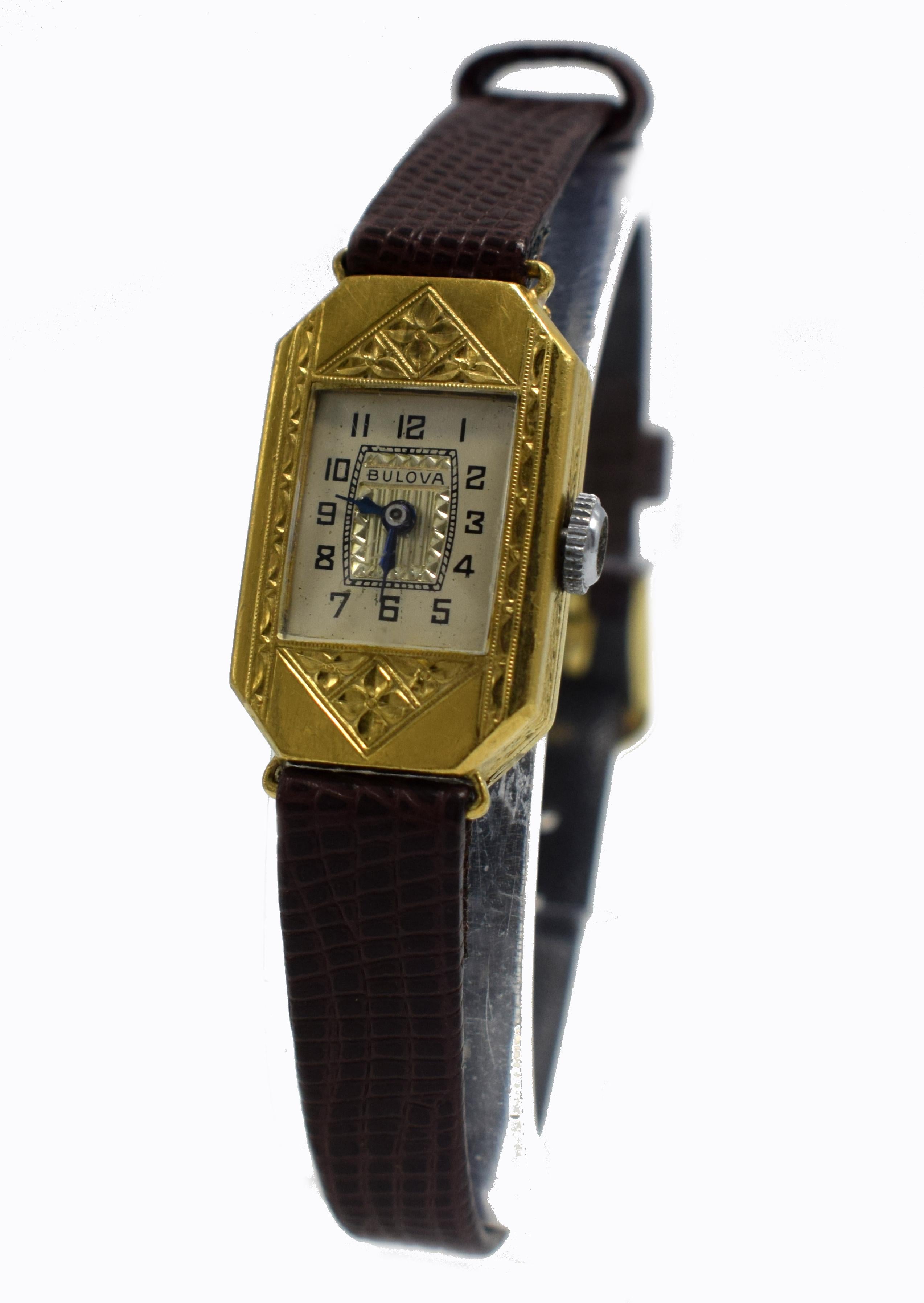 Art Deco Ladies Gold Plated Wrist Watch by Bulova 2
