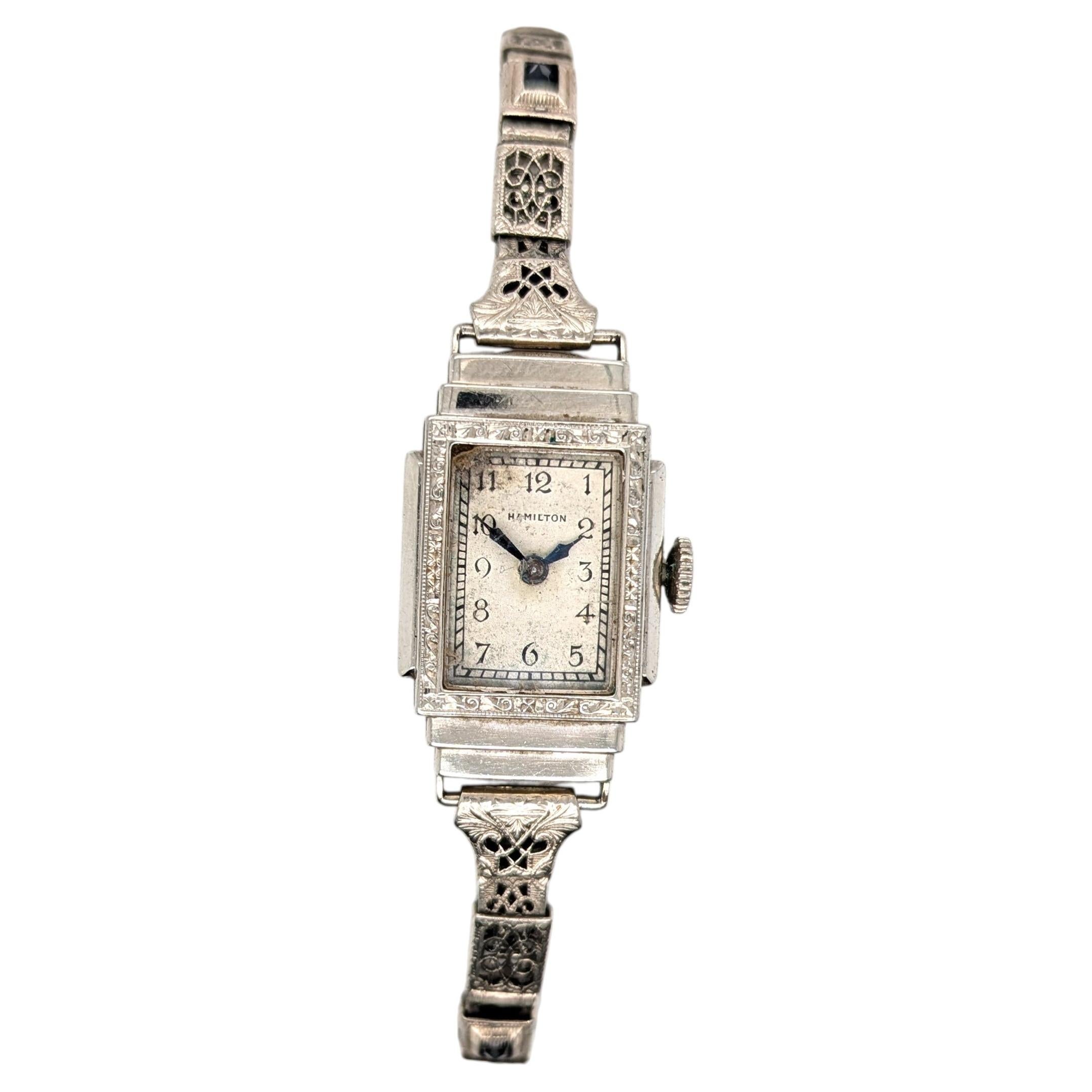 Art Deco Ladies Hamilton Wrist Watch French Cut Sapphire 14KGF Original 1932 For Sale