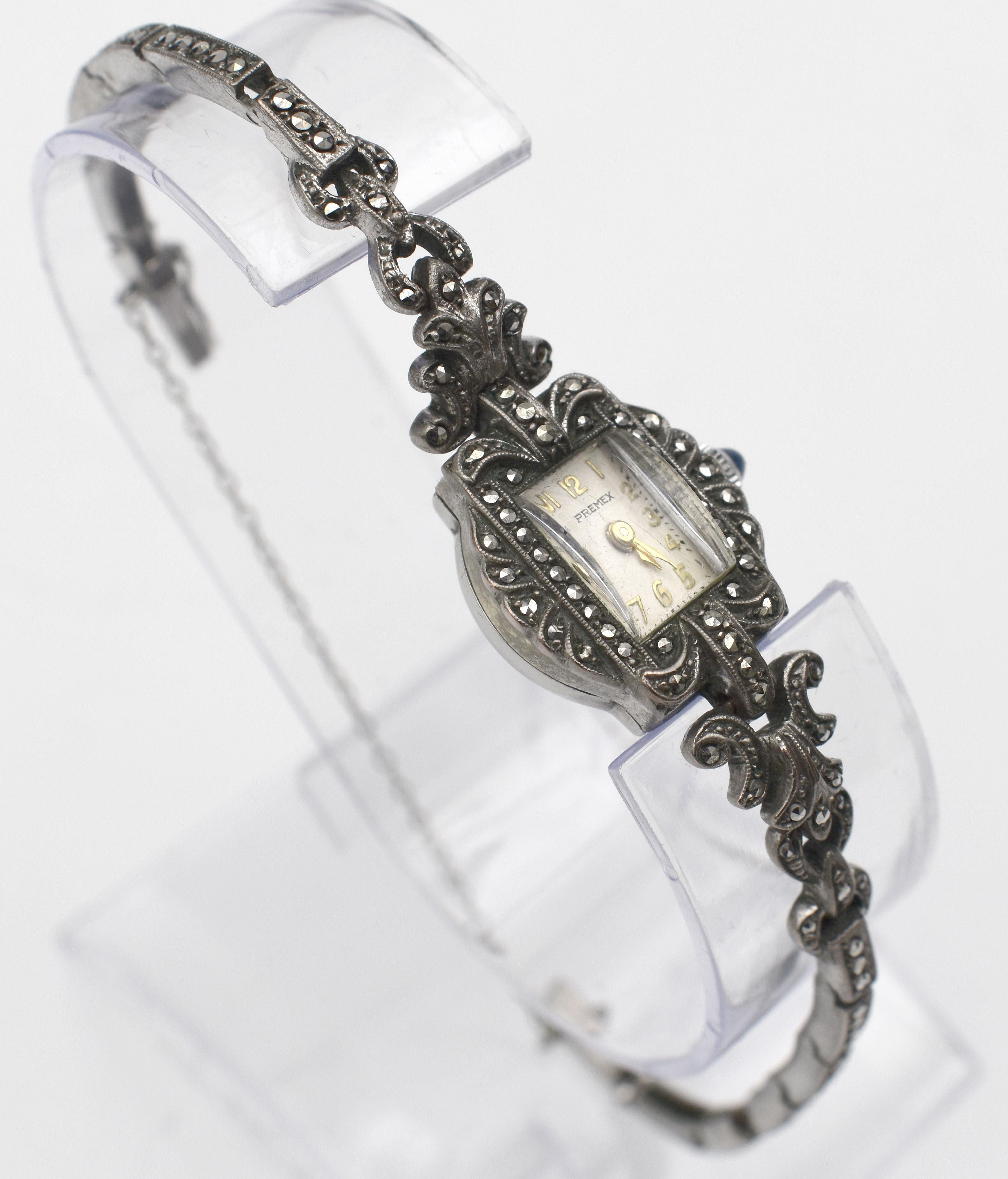 Art Deco Ladies Manual Marcasite Cocktail Watch by Premex, C1940's In Good Condition For Sale In Westward ho, GB