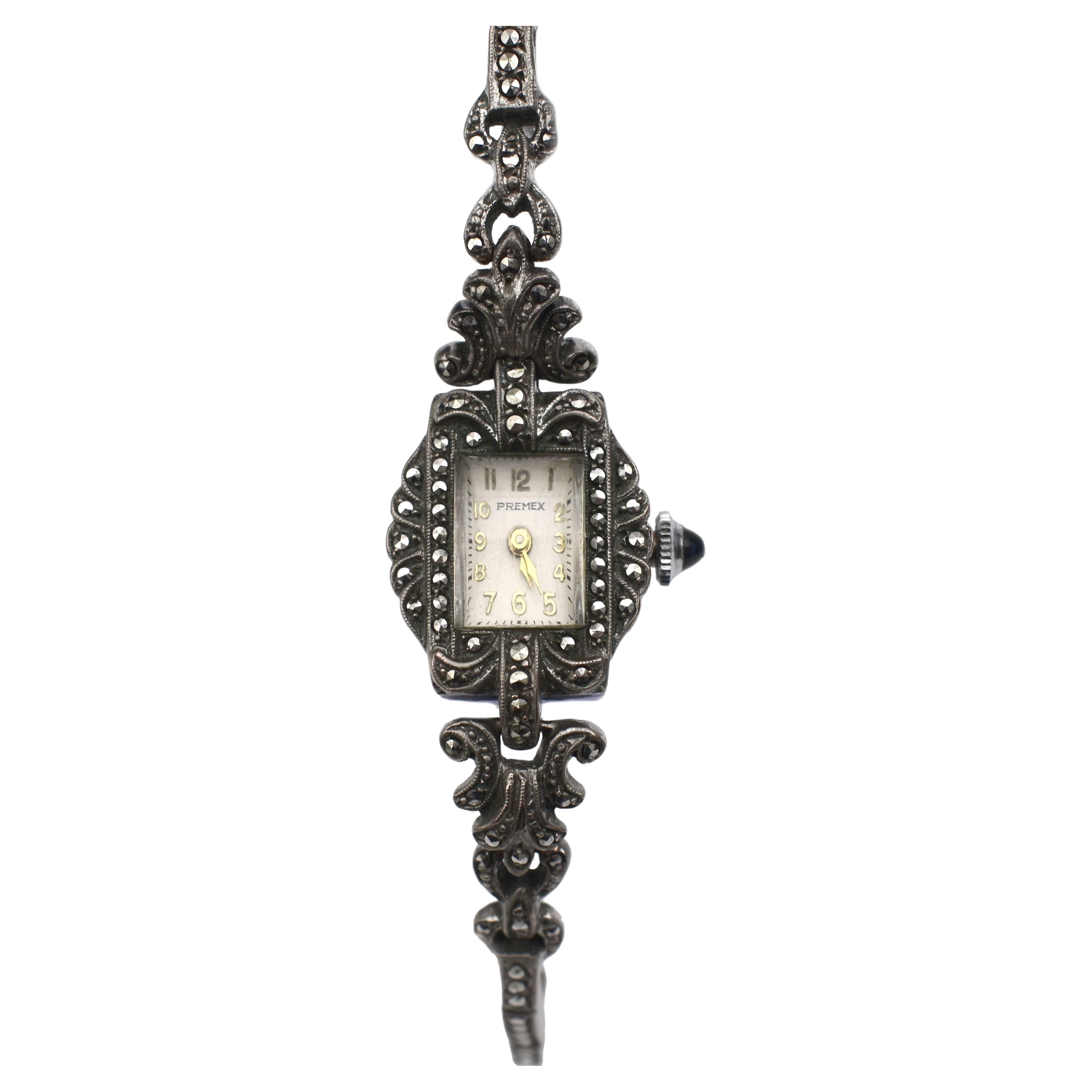 Art Deco Ladies Manual Marcasite Cocktail Watch by Premex, C1940's