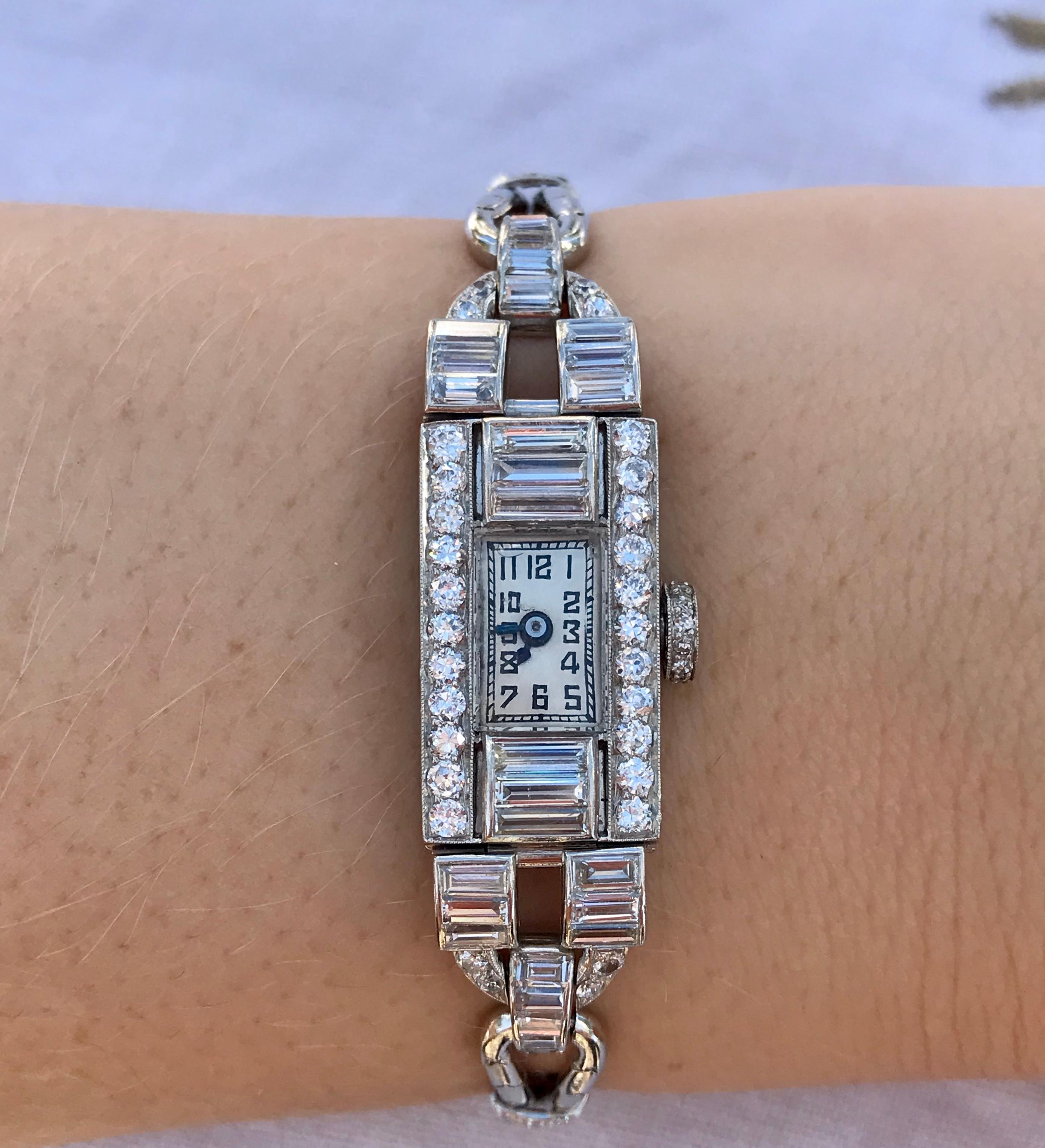 Art Deco Ladies Platinum and 2.80 Carat Diamond Cocktail Watch 8