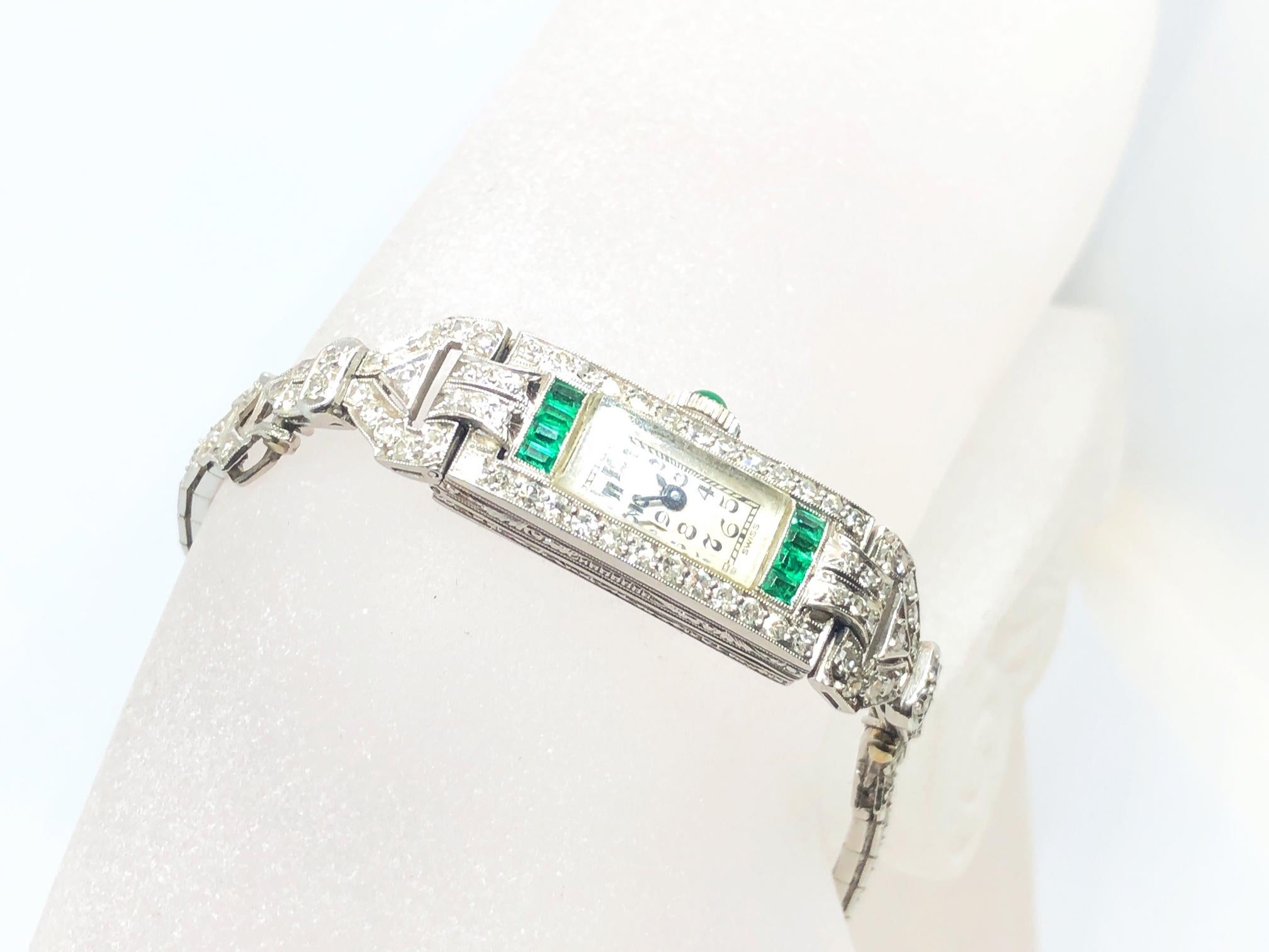 Art Deco Ladies Platinum Diamond Emerald Wristwatch In Good Condition In London, GB
