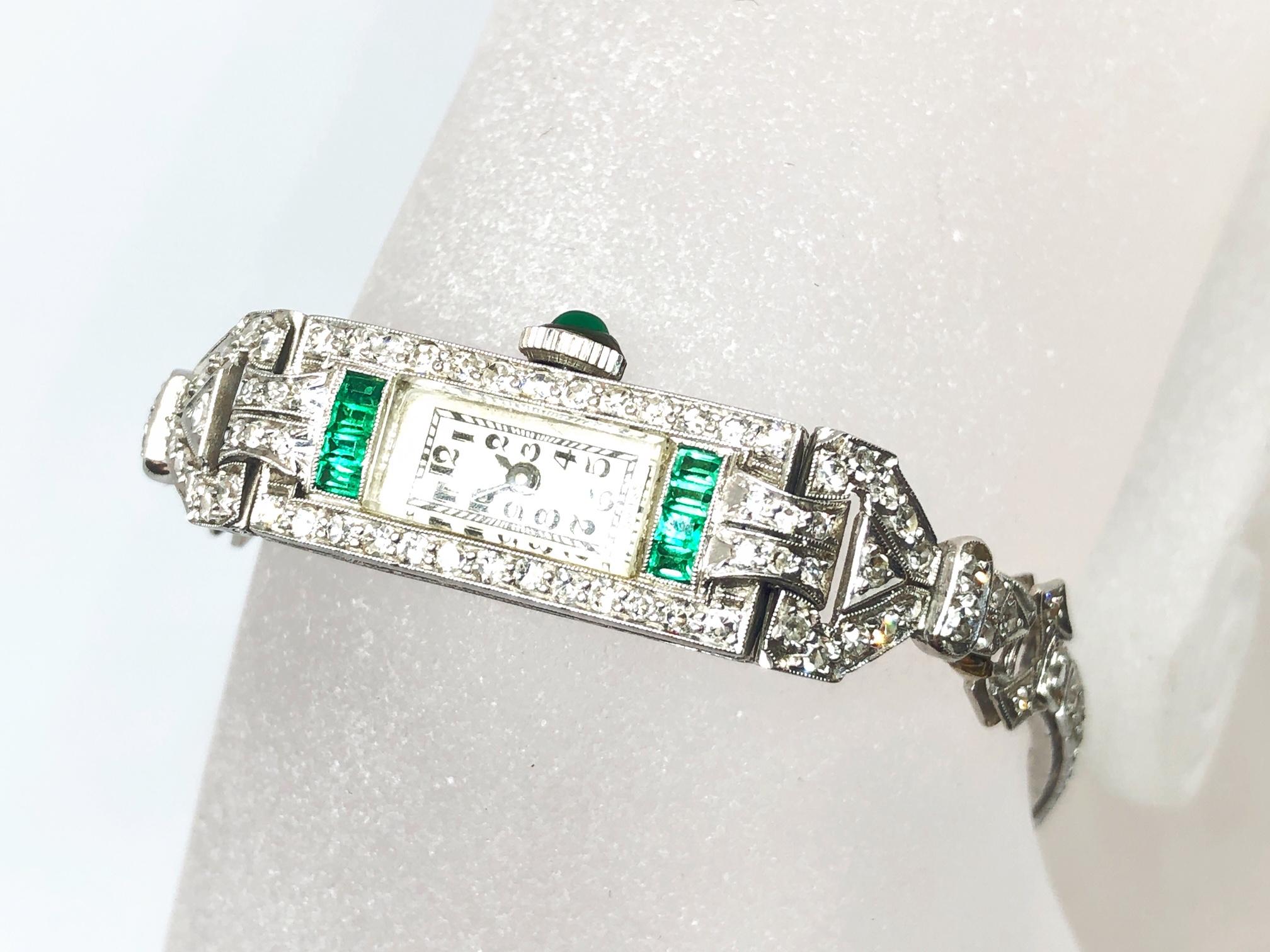 Women's Art Deco Ladies Platinum Diamond Emerald Wristwatch