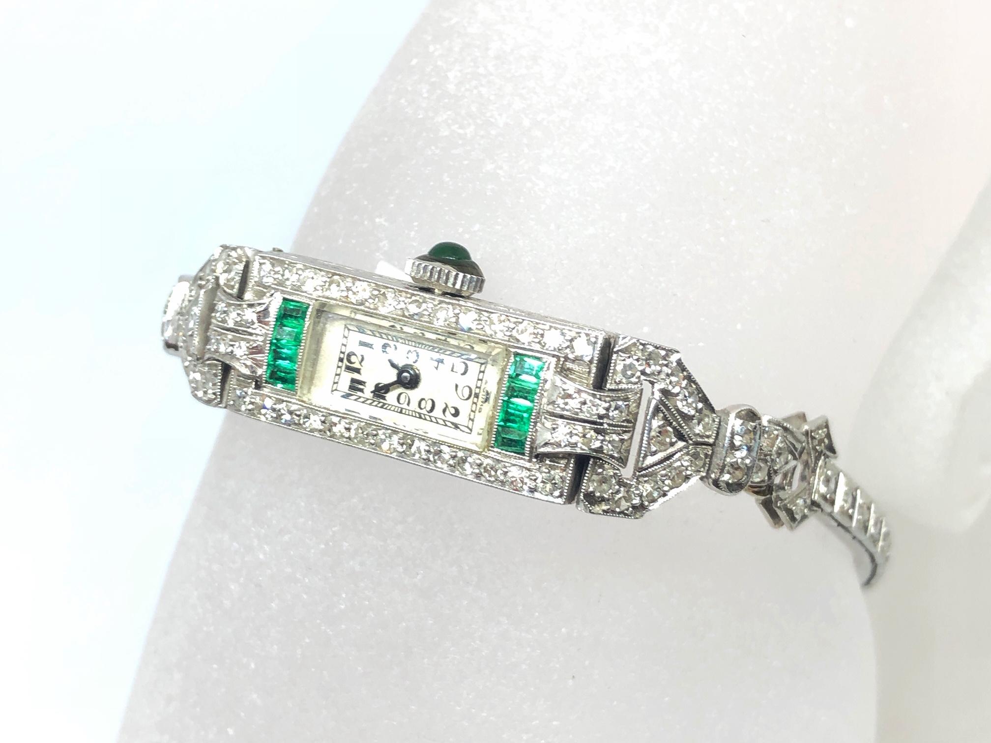 Art Deco Ladies Platinum Diamond Emerald Wristwatch 1