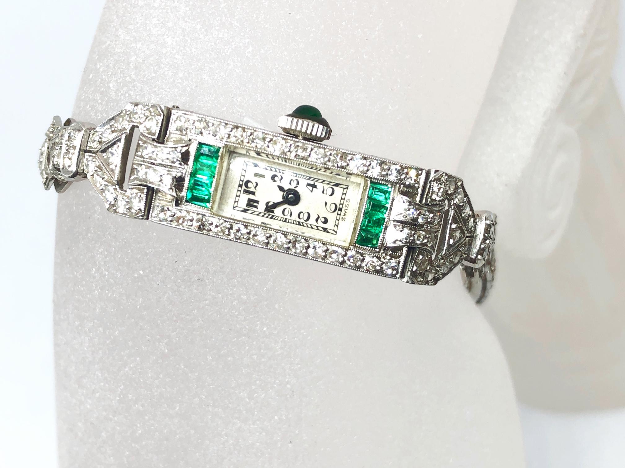 Art Deco Ladies Platinum Diamond Emerald Wristwatch 2