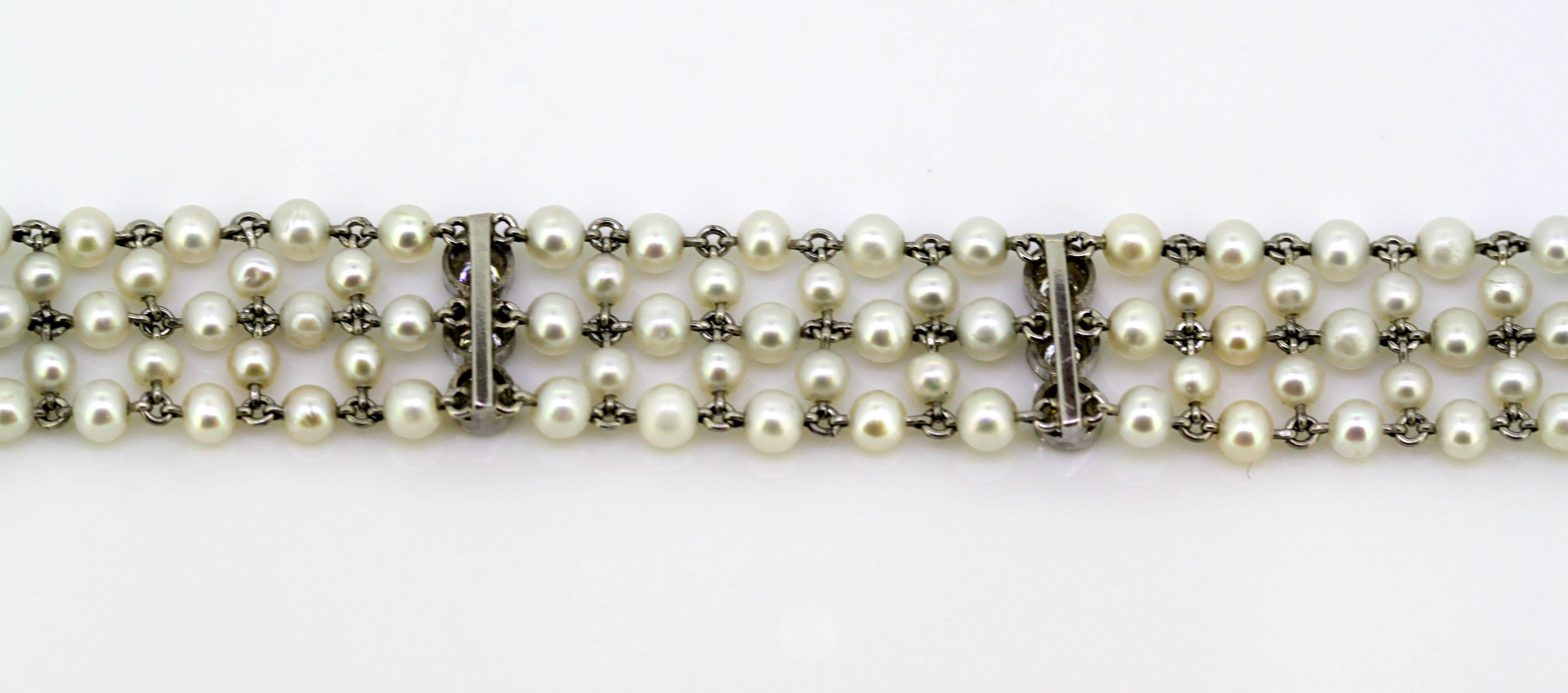 Art Deco Ladies Platinum Freshwater Pearl Choker Necklace with Diamonds 3
