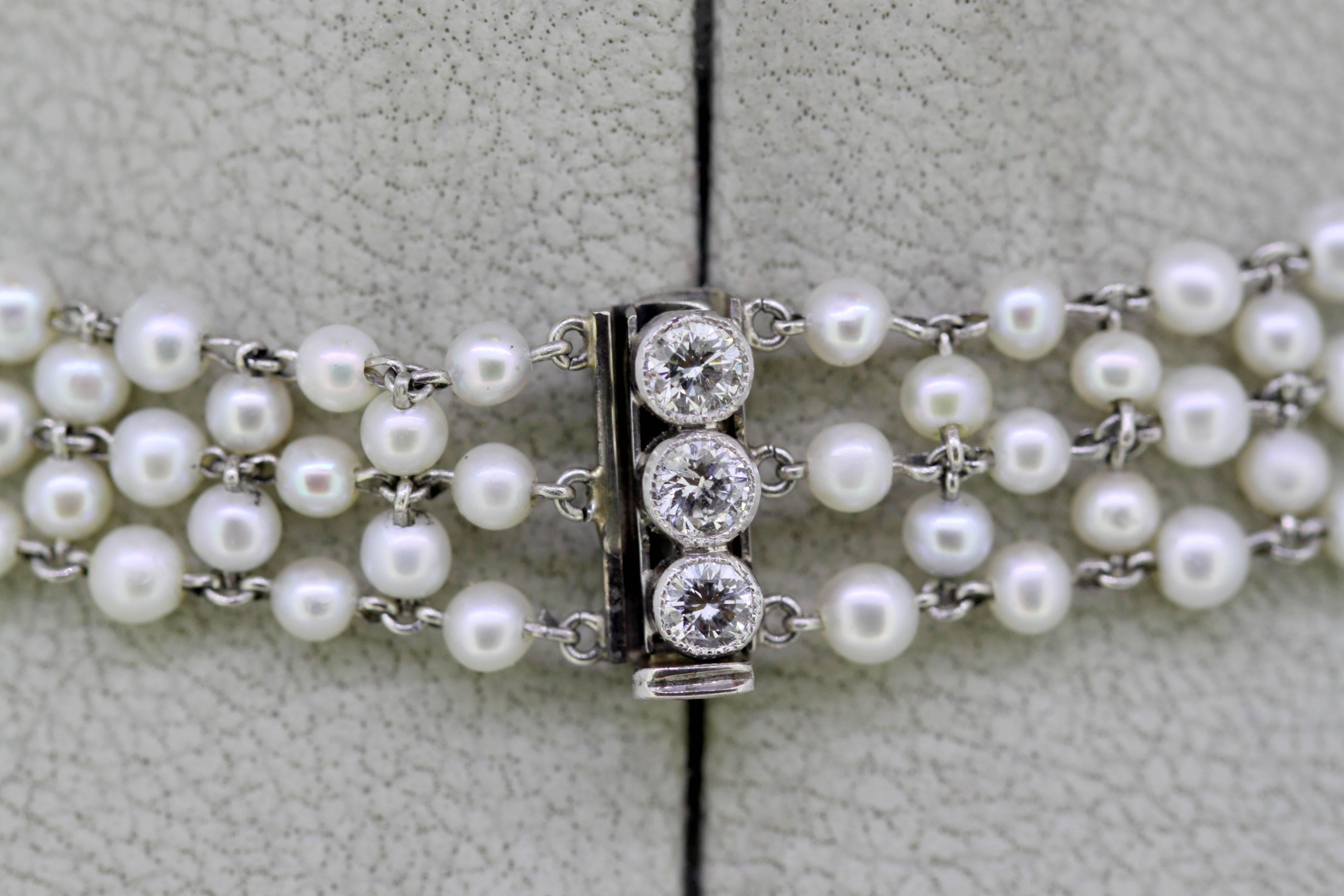 Women's Art Deco Ladies Platinum Freshwater Pearl Choker Necklace with Diamonds