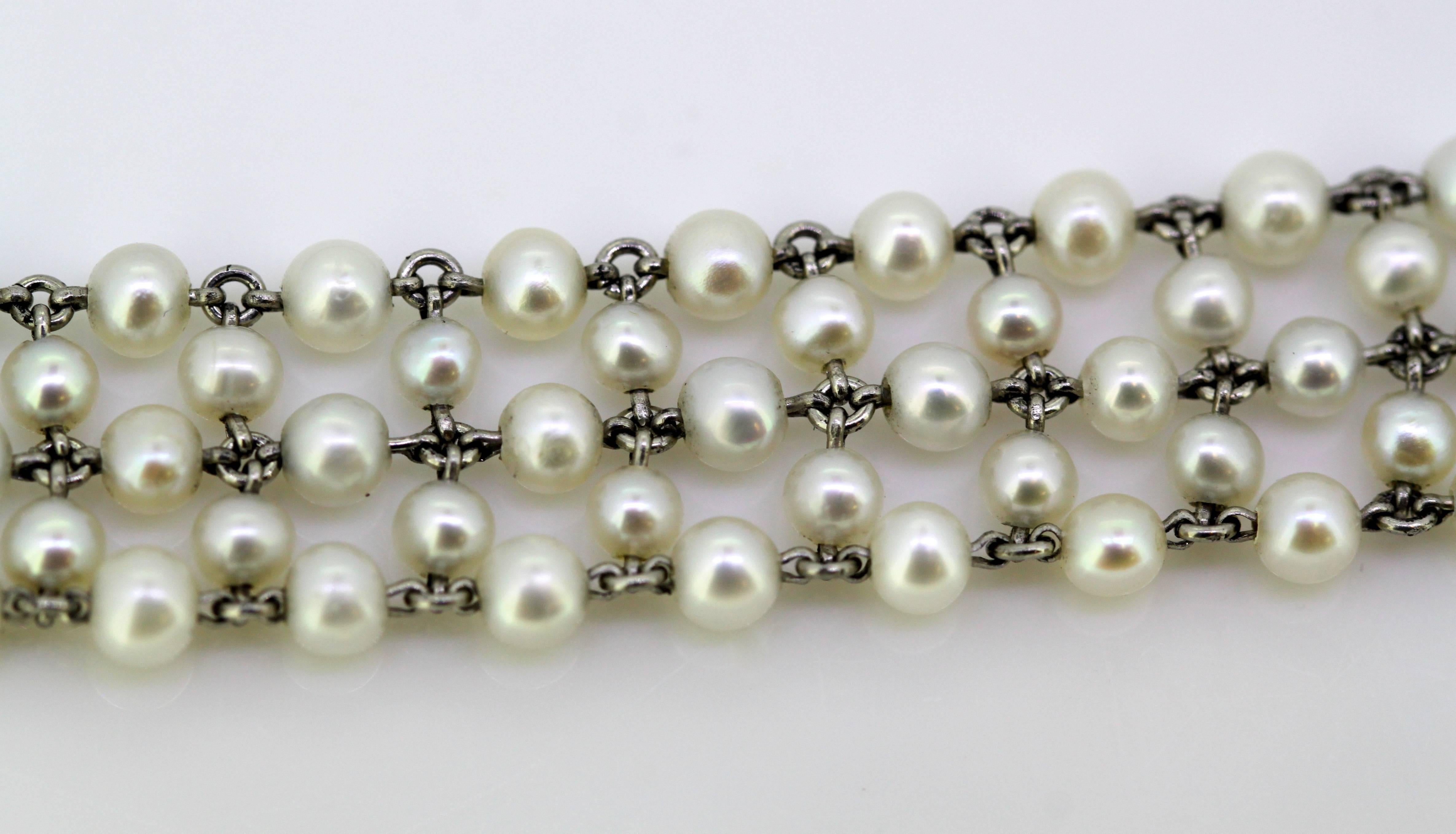 Art Deco Ladies Platinum Freshwater Pearl Choker Necklace with Diamonds 2