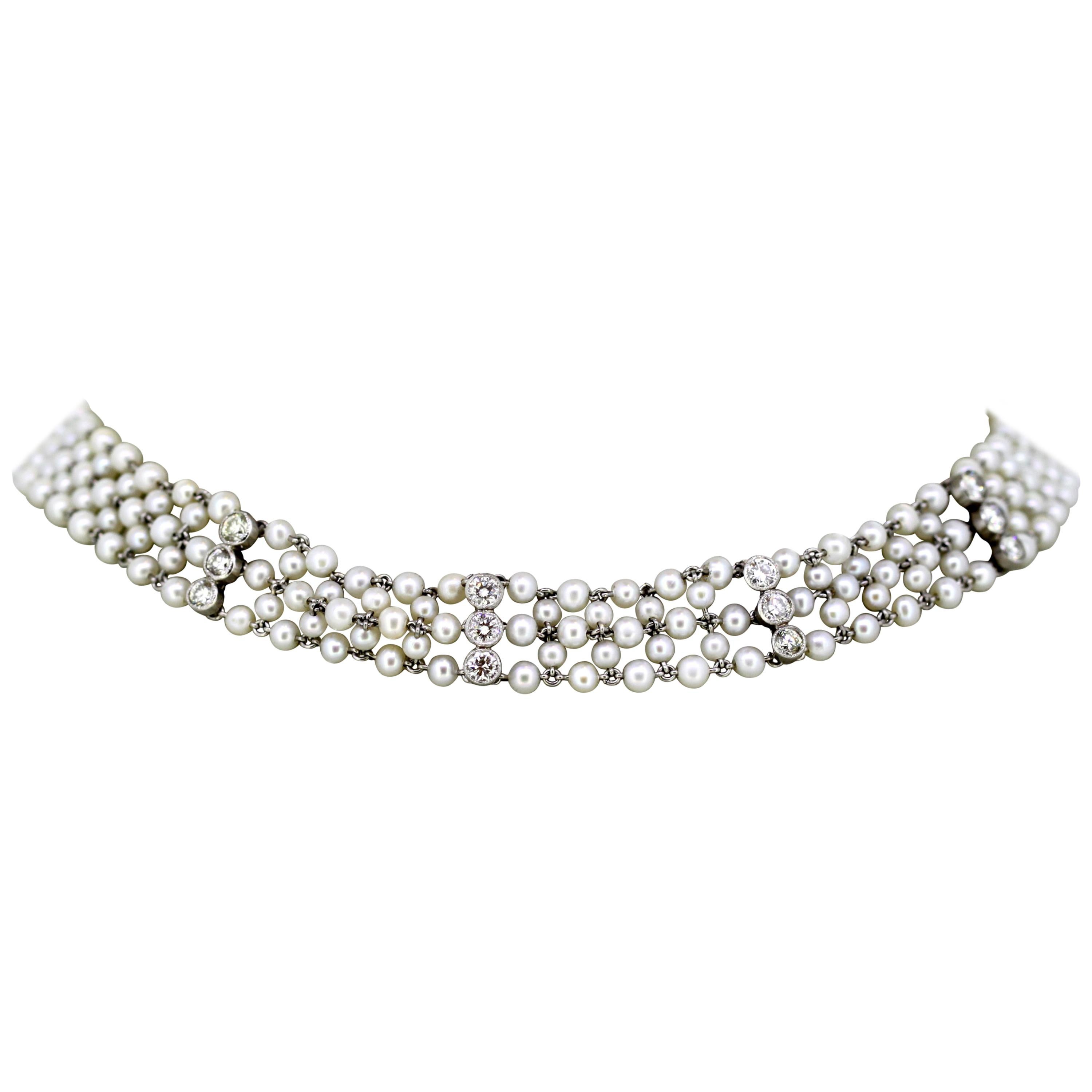 Art Deco Ladies Platinum Freshwater Pearl Choker Necklace with Diamonds