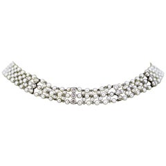 Antique Art Deco Ladies Platinum Freshwater Pearl Choker Necklace with Diamonds