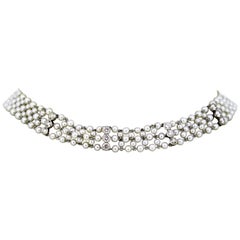 Antique Art Deco Ladies Platinum Freshwater Pearl Choker Necklace with Diamonds