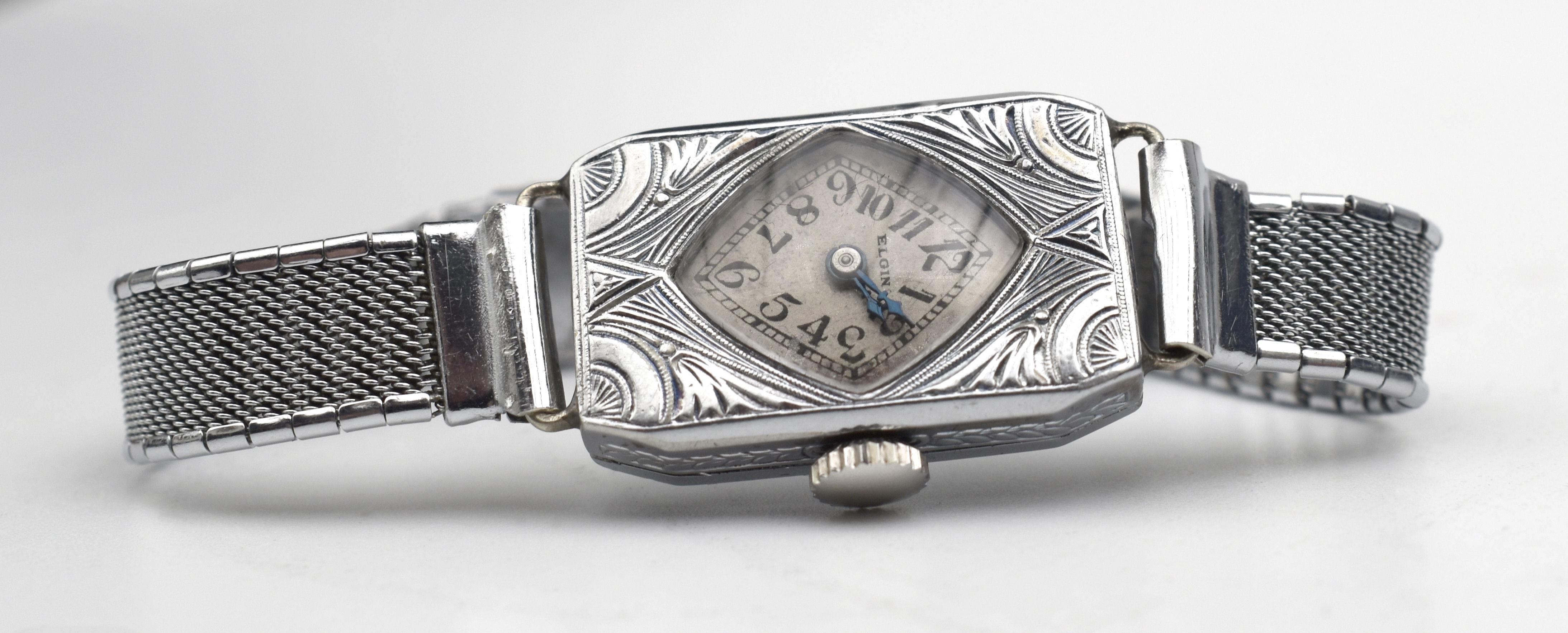 Women's Art Deco Ladies White GF Wrist Watch by Elgin, Fully Serviced, C1934 For Sale