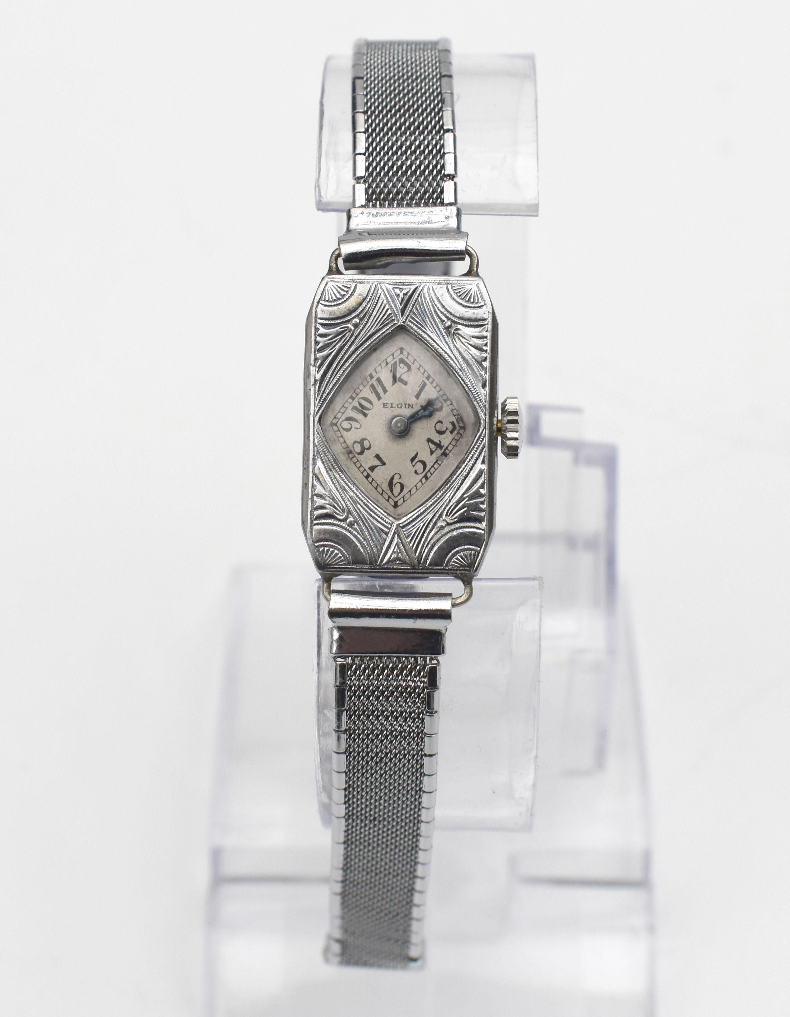 Art Deco Ladies White GF Wrist Watch by Elgin, Fully Serviced, C1934 For Sale 1