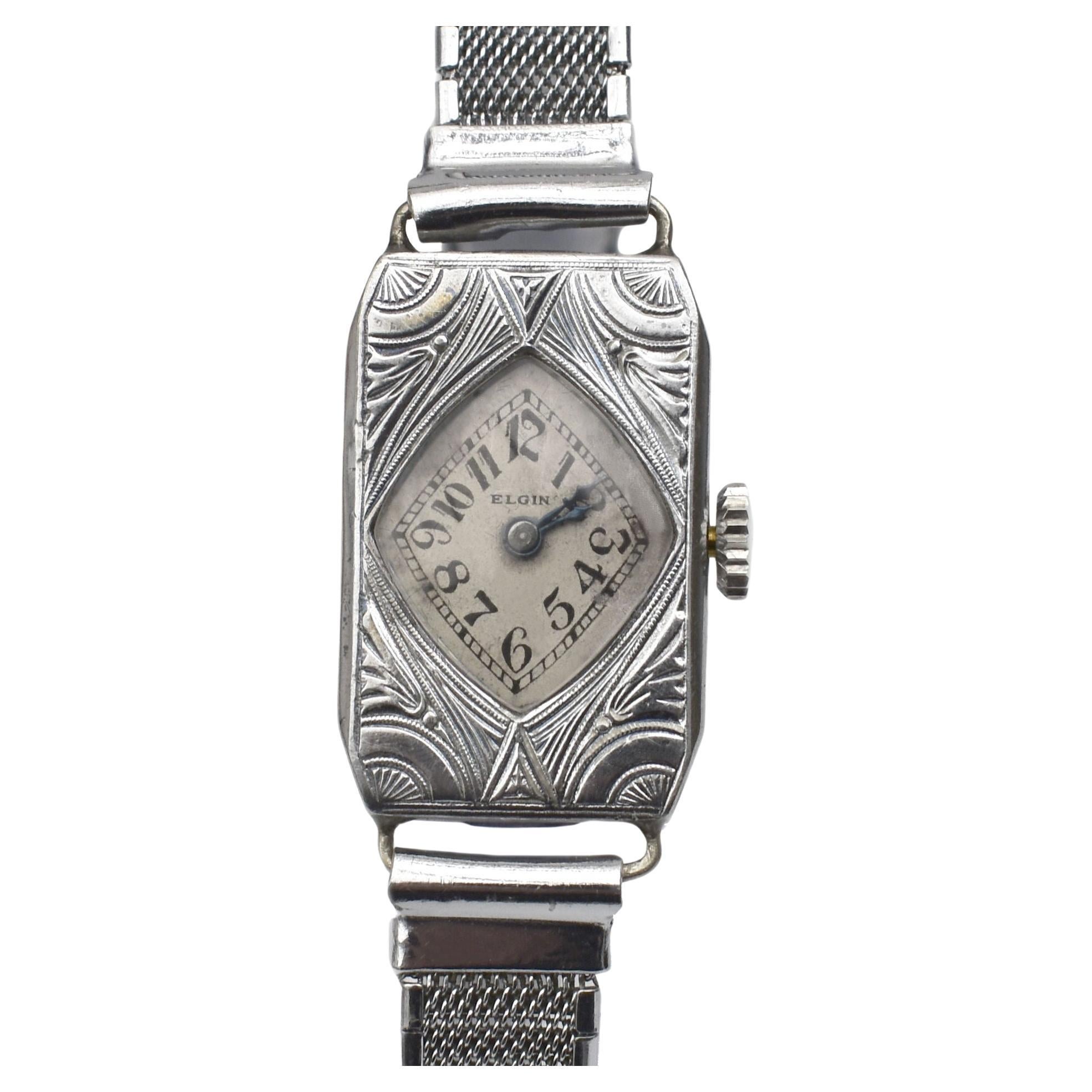 Art Deco Ladies White GF Wrist Watch by Elgin, Fully Serviced, C1934 For Sale