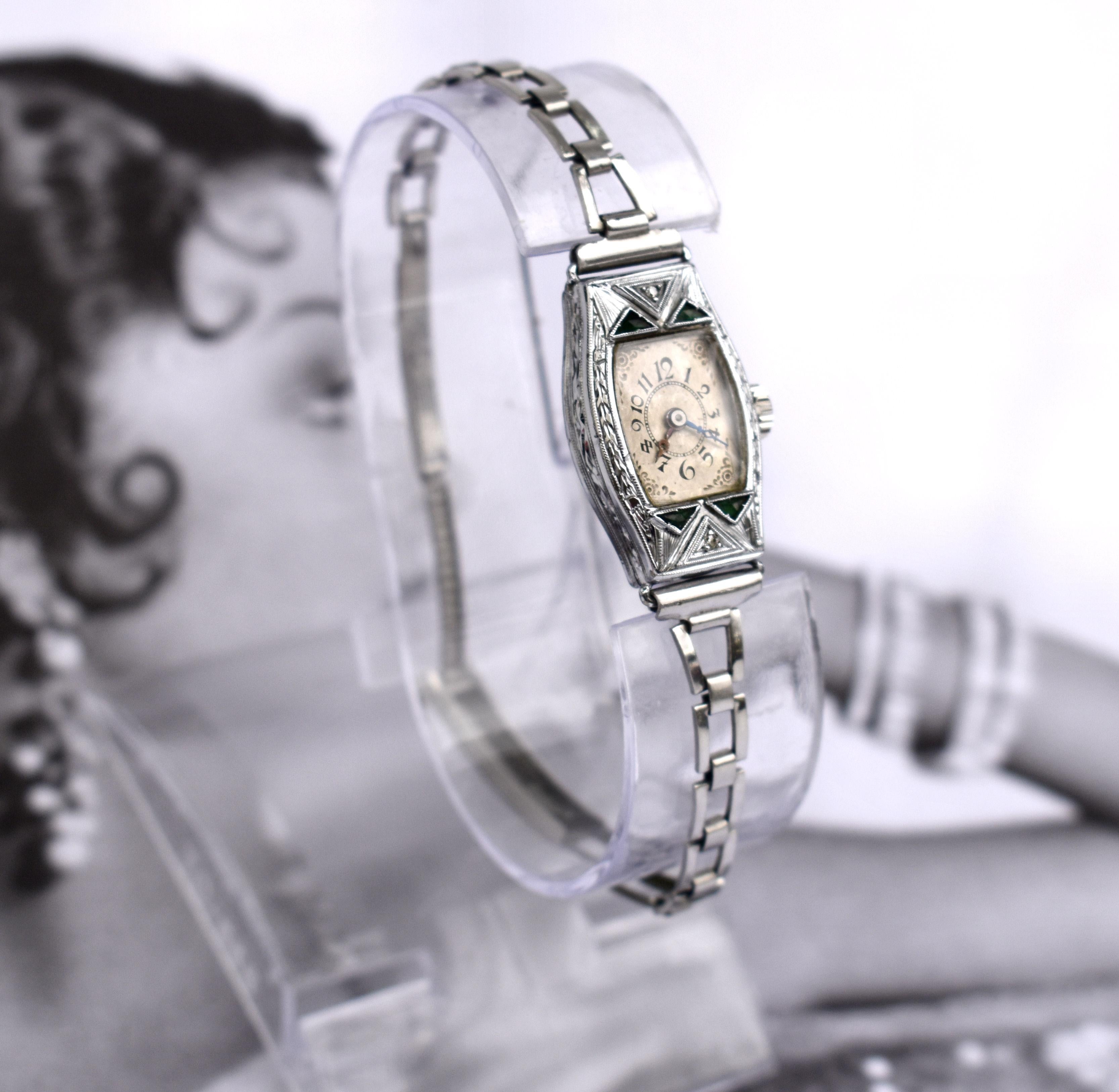 Art Deco Ladies White Gold Filled Manual Watch with Emeralds, Serviced, C1928 For Sale 2