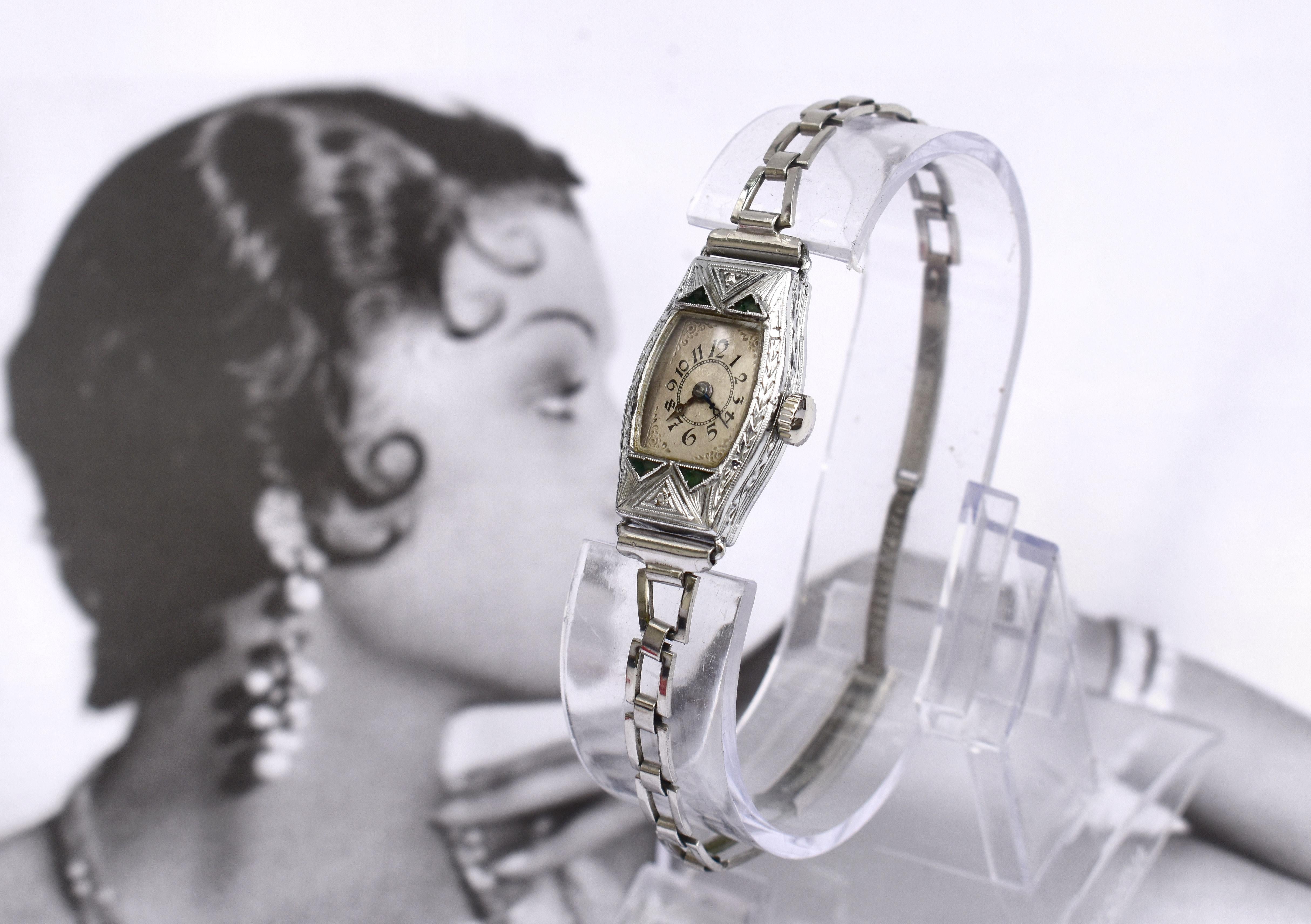 Art Deco Ladies White Gold Filled Manual Watch with Emeralds, Serviced, C1928 For Sale 3