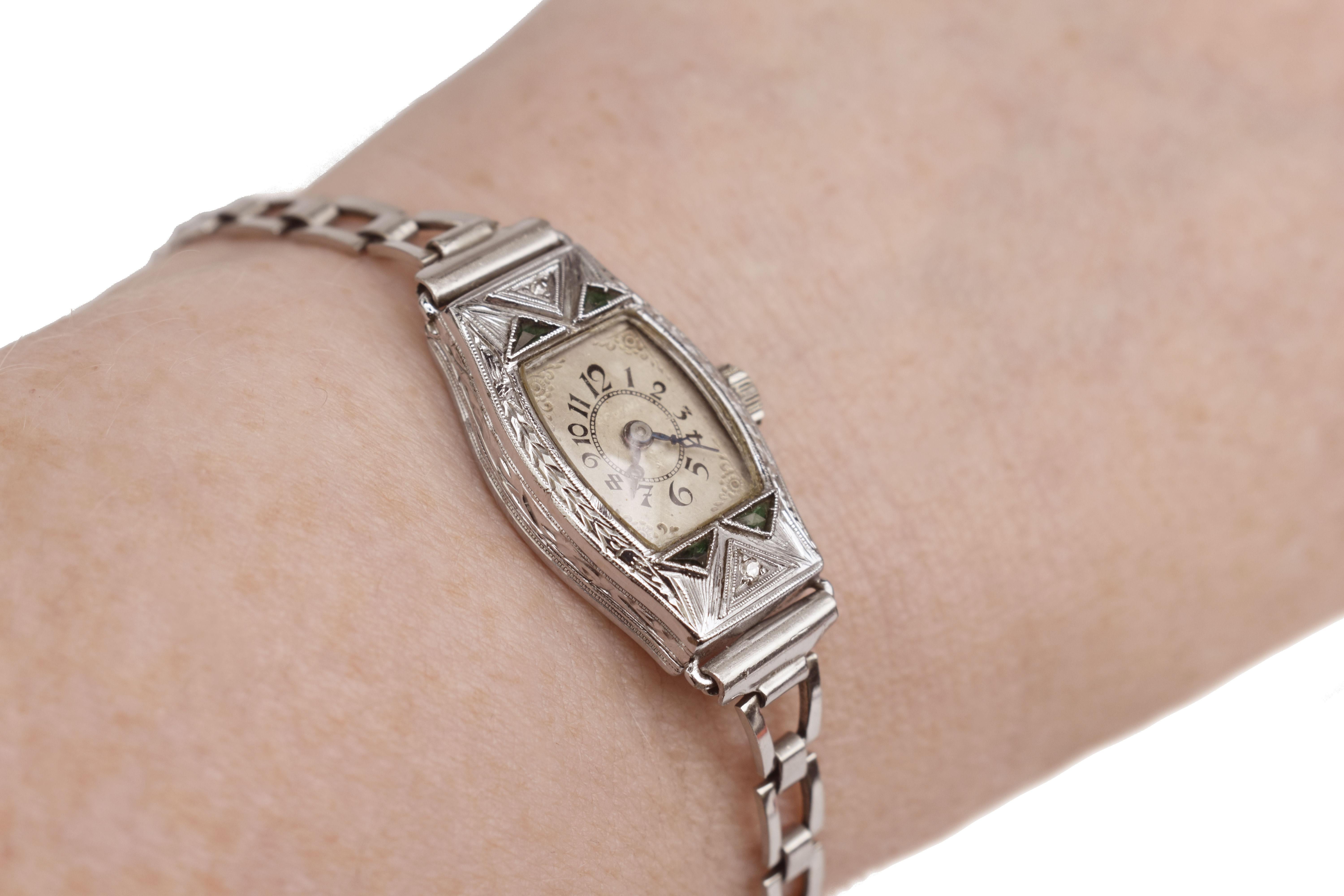 Art Deco Ladies White Gold Filled Manual Watch with Emeralds, Serviced, C1928 For Sale 4