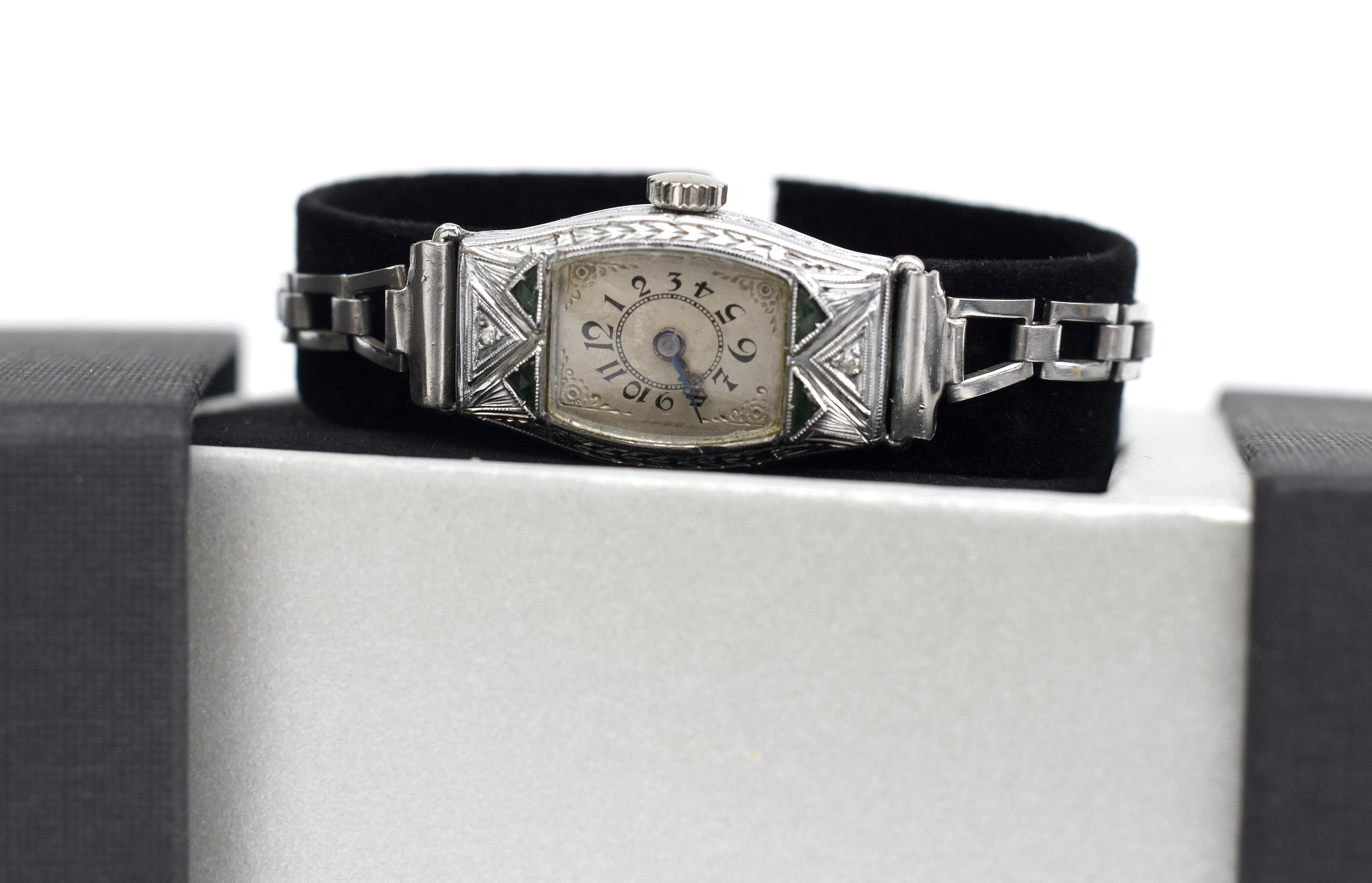 Art Deco Ladies White Gold Filled Manual Watch with Emeralds, Serviced, C1928 For Sale 6