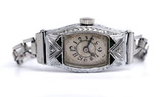 Art Deco Ladies White Gold Filled Manual Watch with Emeralds, Serviced, C1928